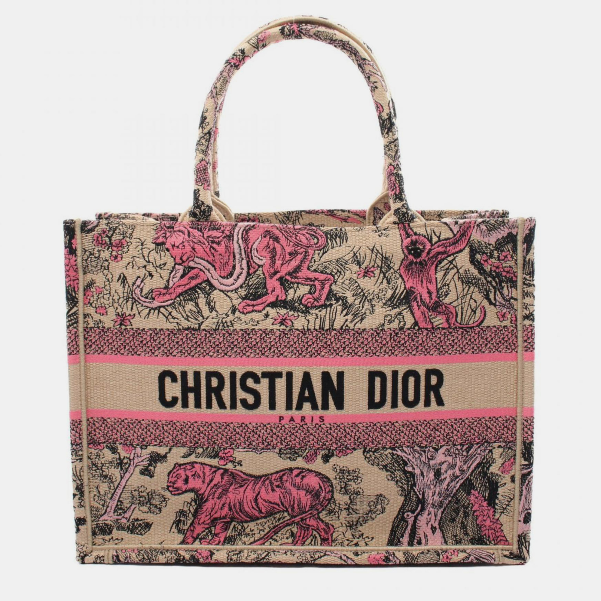 

Christian Dior Canvas Beige Pink Dioriviera Medium Toile de Jouy Sauvage Embroidery Raffia Book Tote Bag