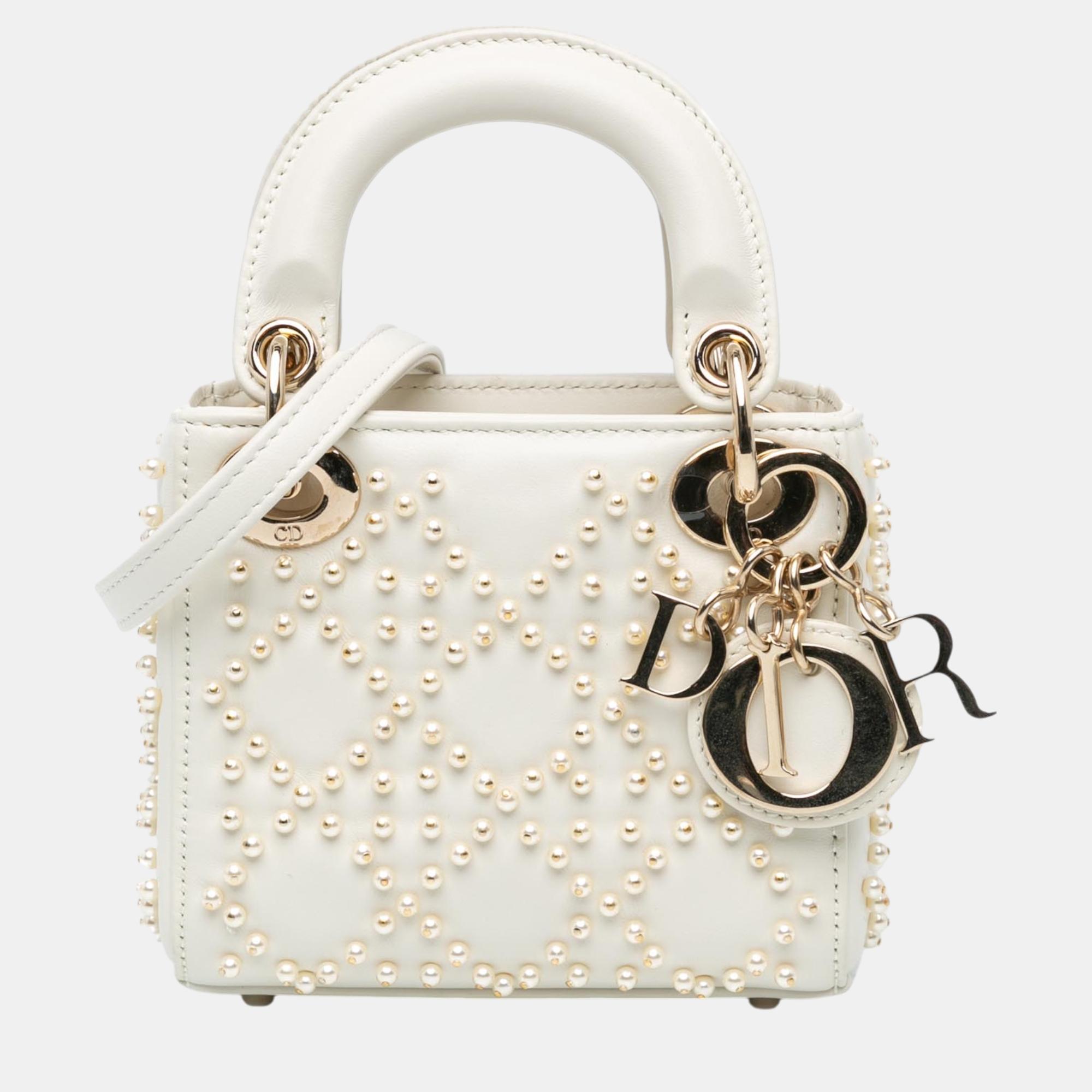 

Dior Micro Lambskin Cannage Pearl Lady Dior, White