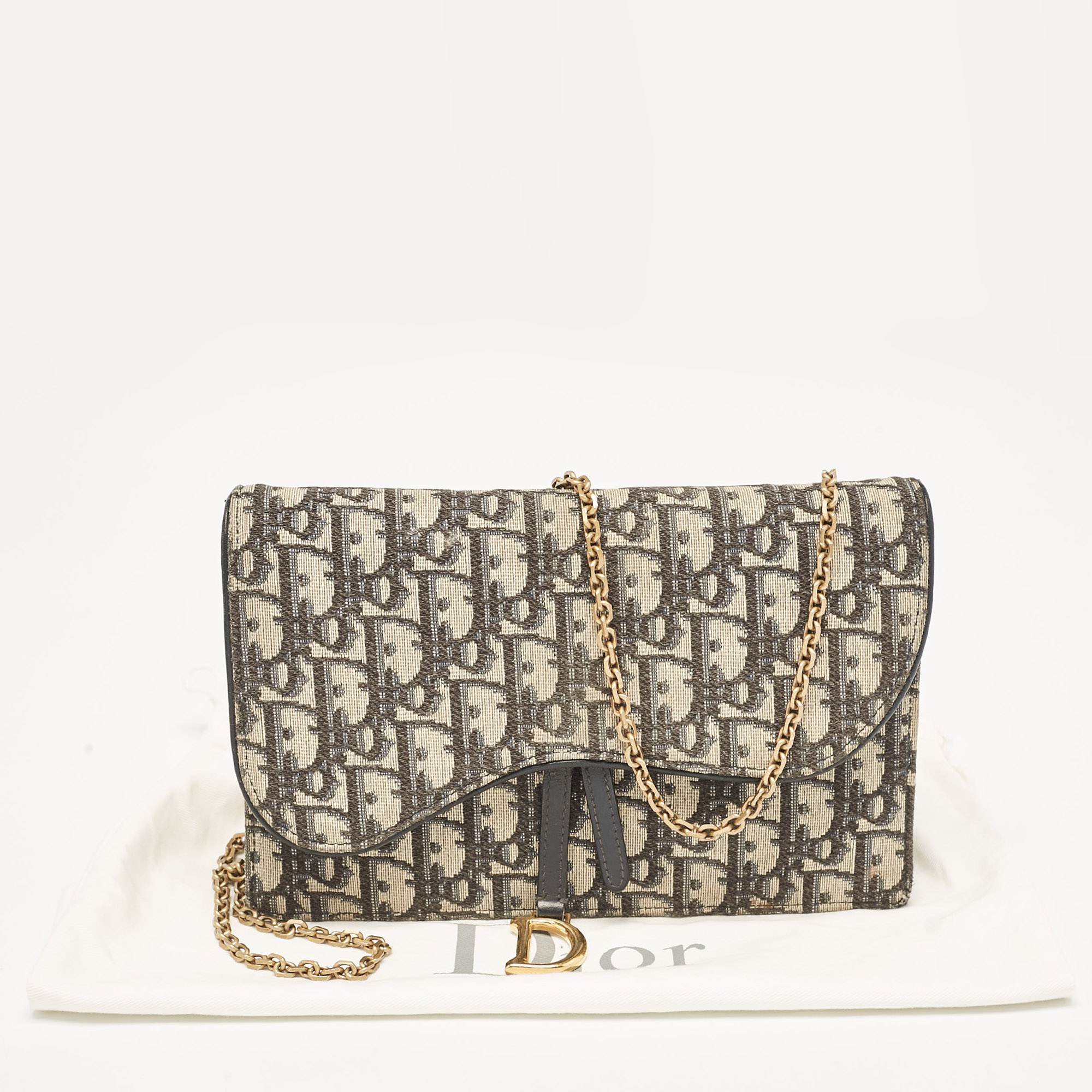 Dior Blue Oblique Canvas Medium Chain Saddle Pouch 