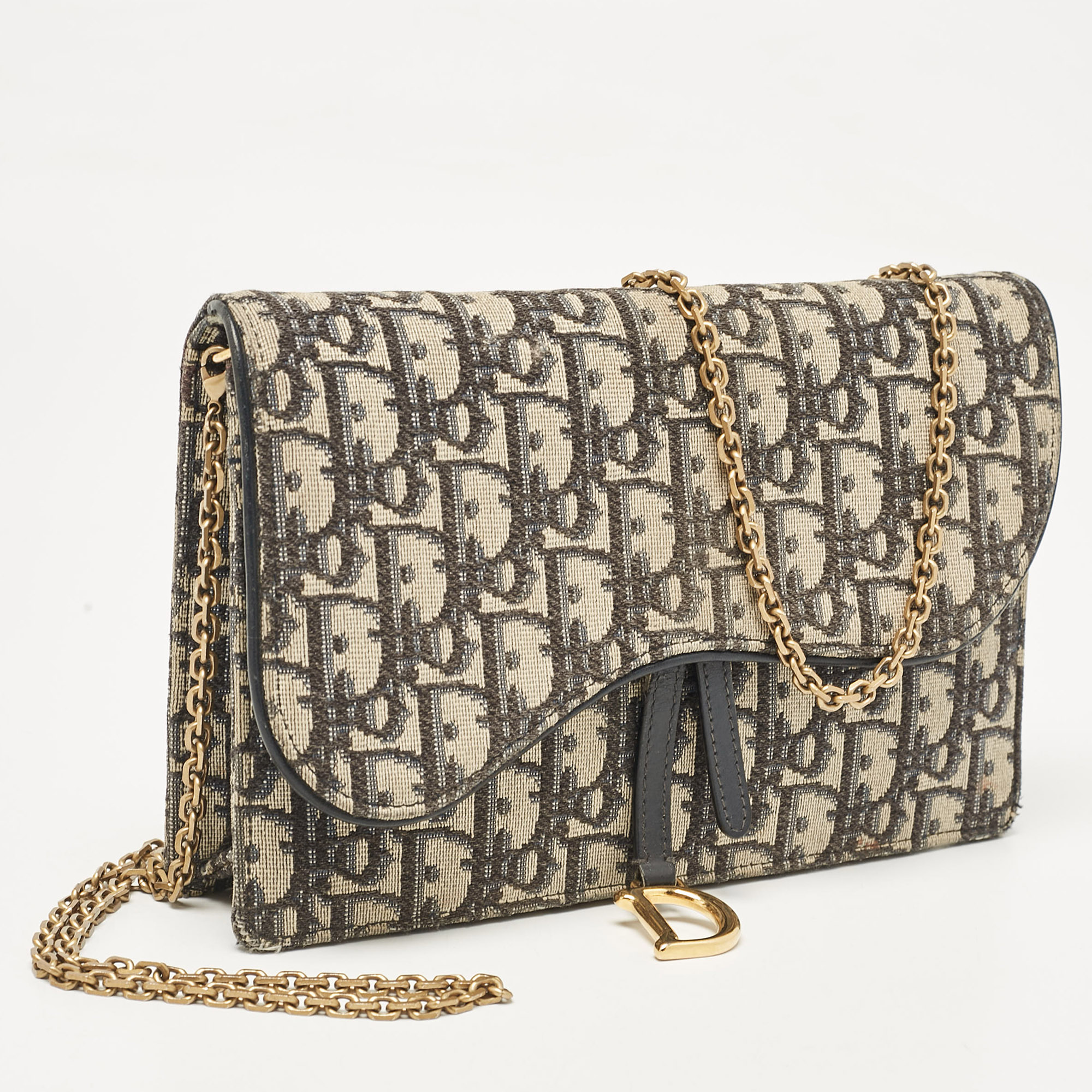 Dior Blue Oblique Canvas Medium Chain Saddle Pouch 