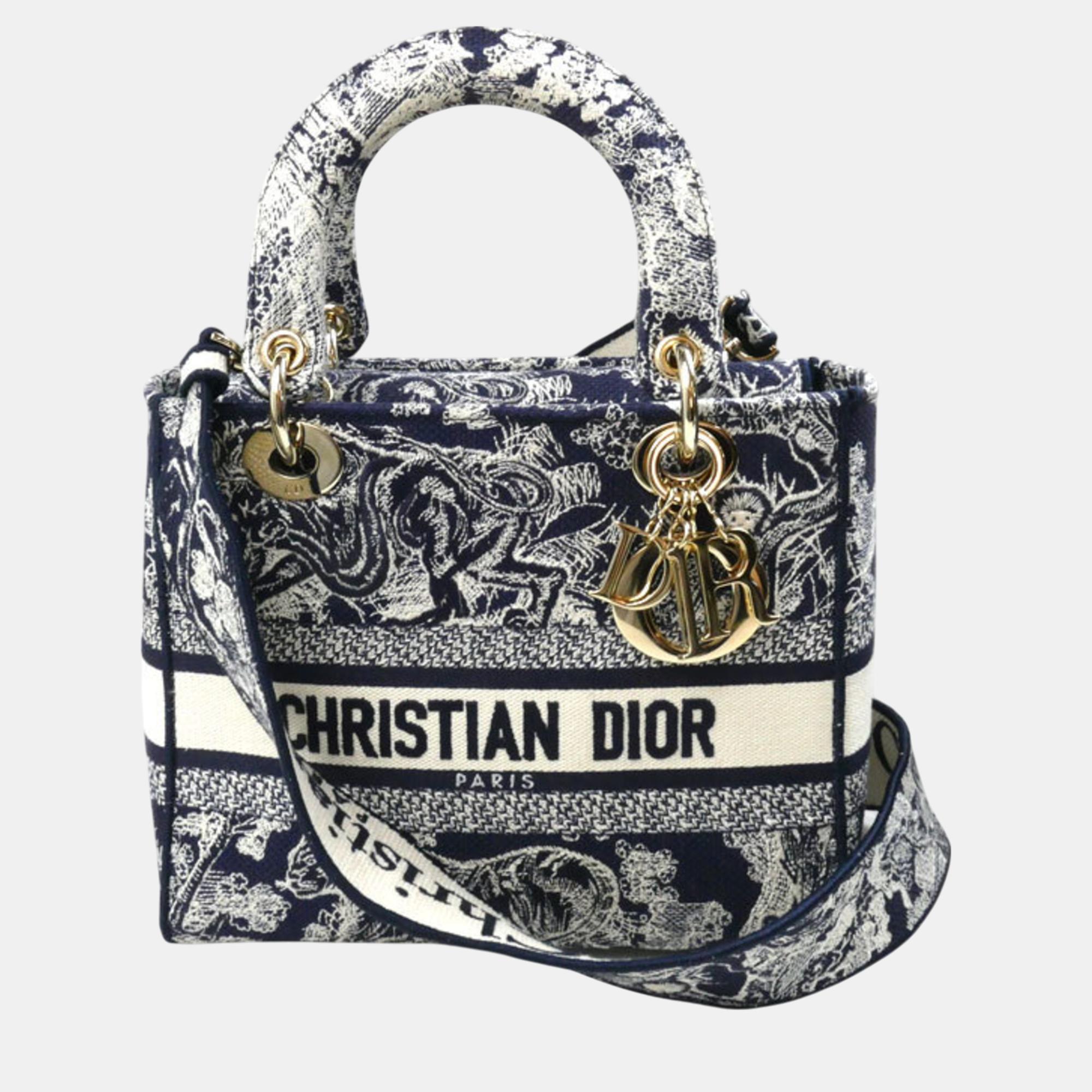 

Christian Dior Navy White Lady D-Lite Medium Shoulder Bag, Navy blue