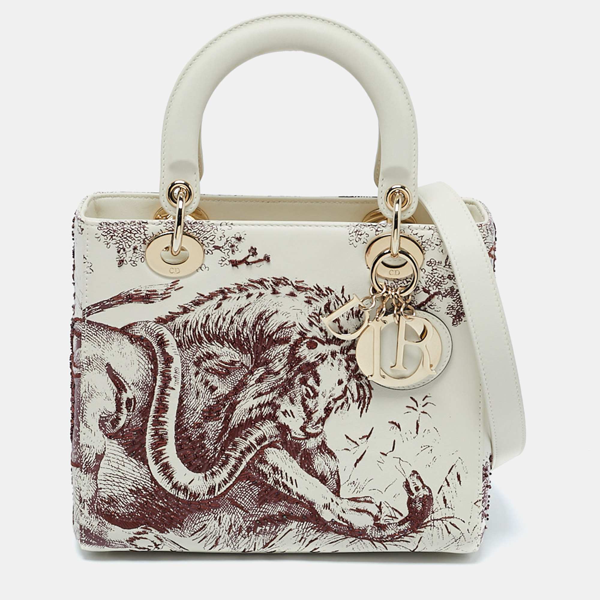 

Dior Off White Leather  Embroidered Beads Lady Dior Tote