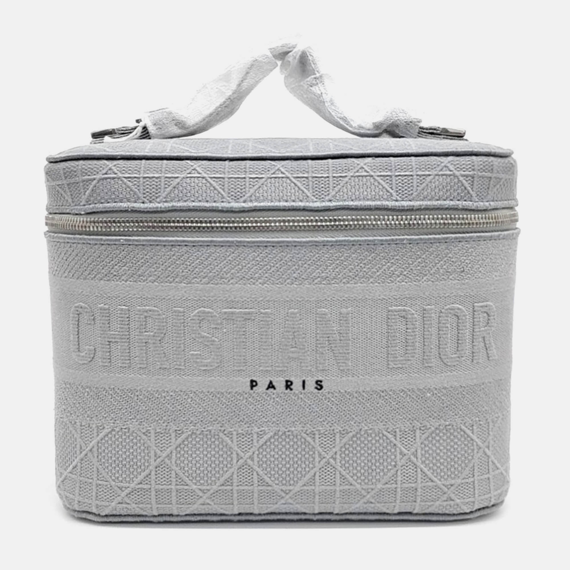 

Dior Grey Fabric Cannage Embroidery Travel Vanity Bag