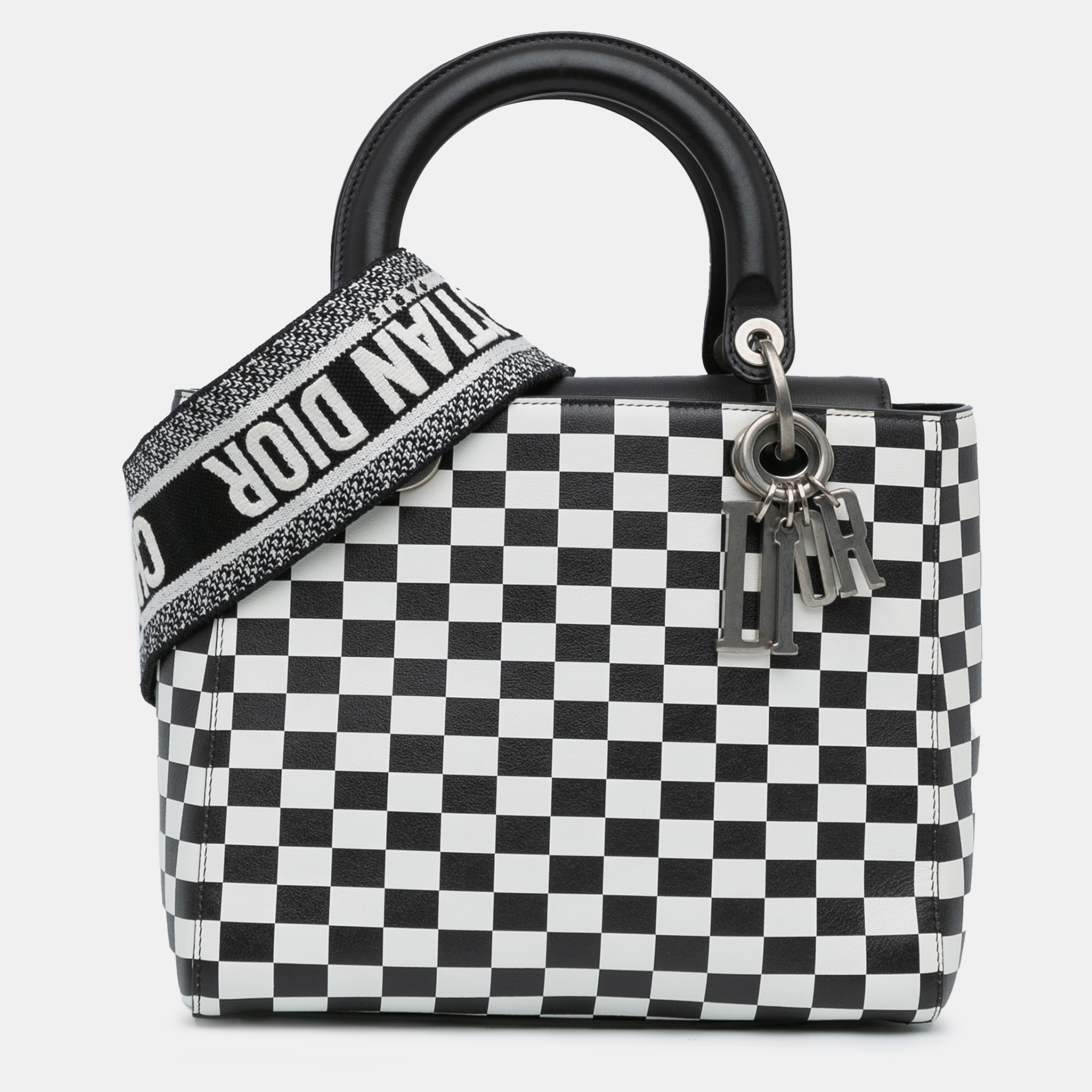 

Dior Black White Calf Leather Medium Checkered Lady Dior Bag