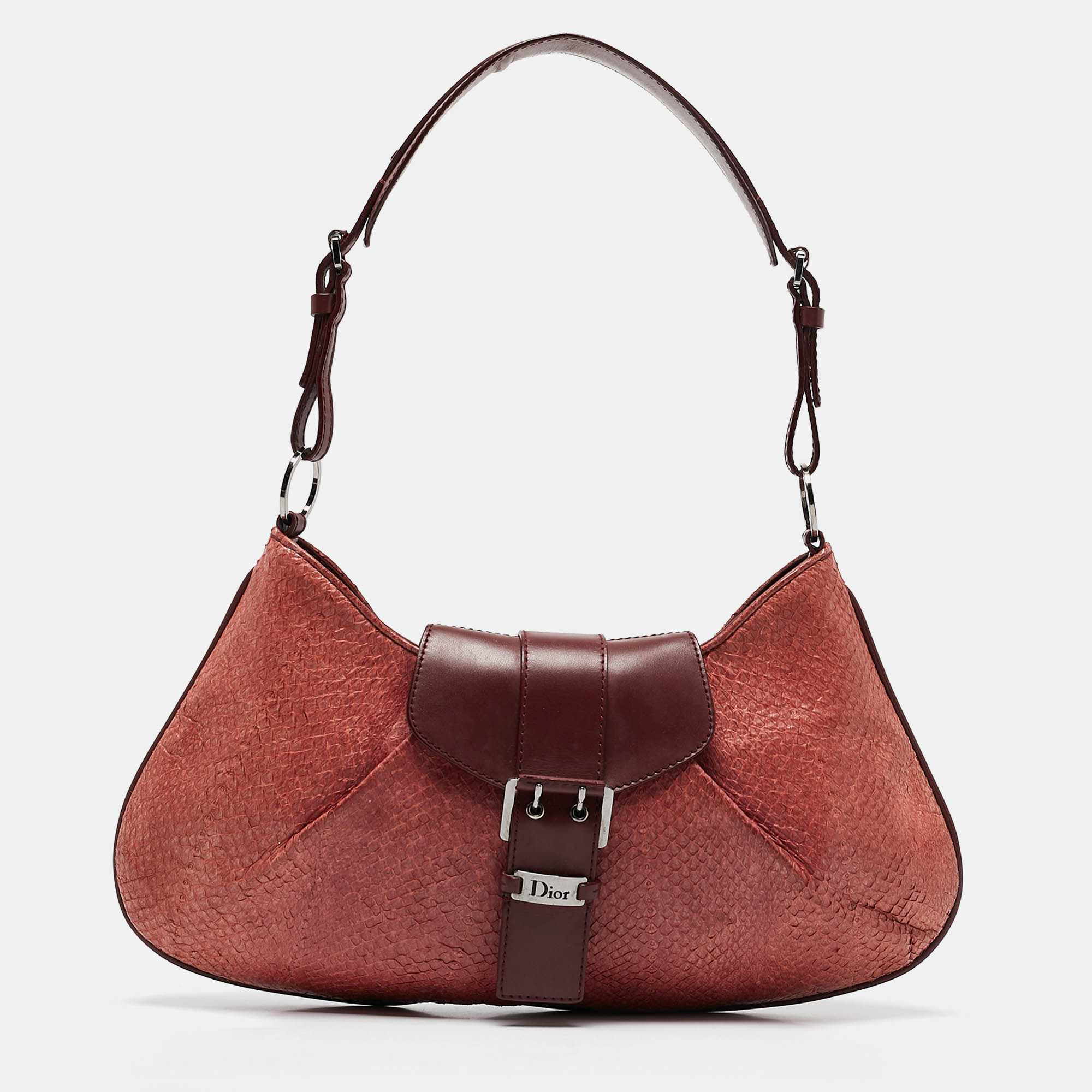 

Dior Burgundy Snakeskin and Leather Buckle Flap Shoulder Bag