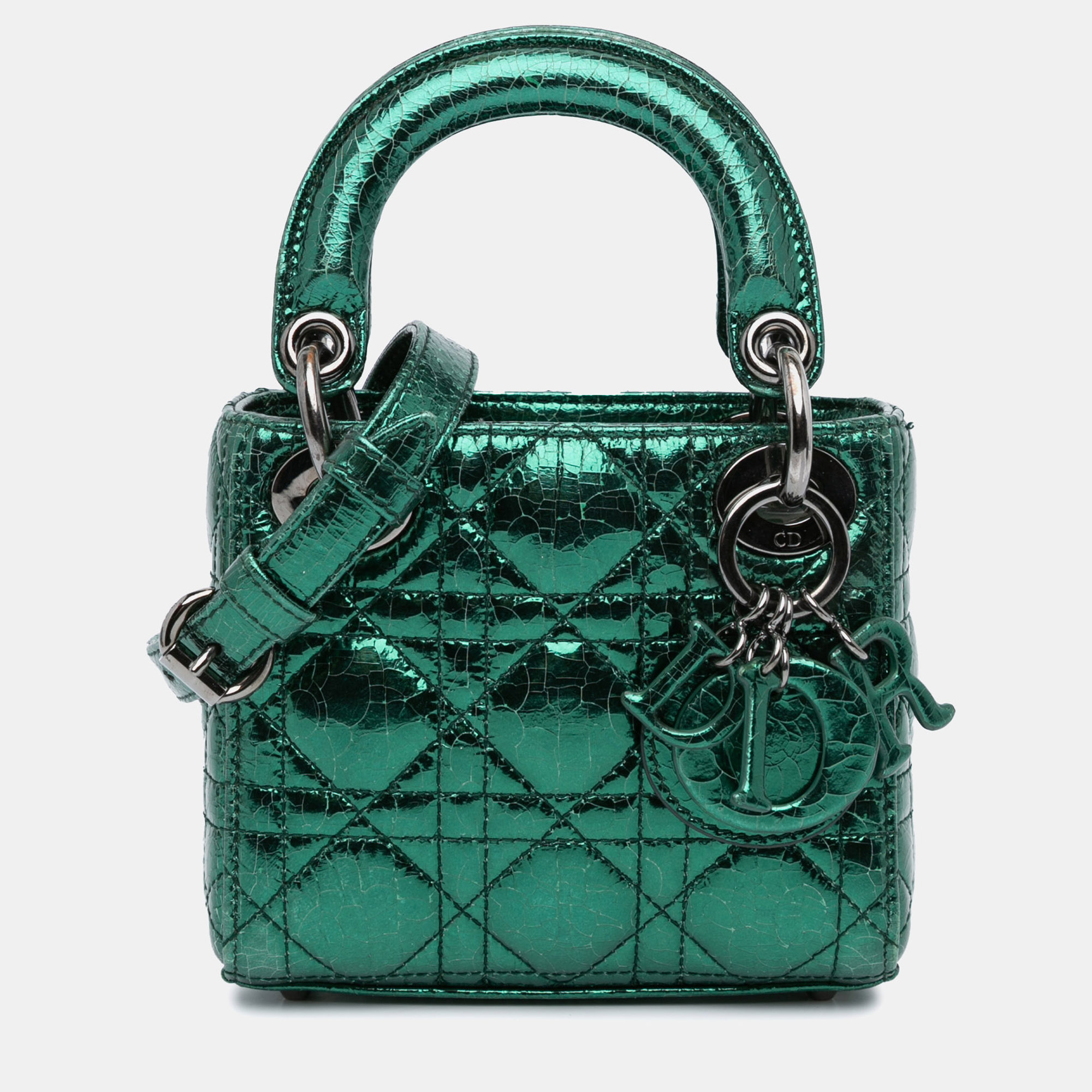 

Dior Metallic Green Micro Crinkled Calfskin Cannage Lady Dior