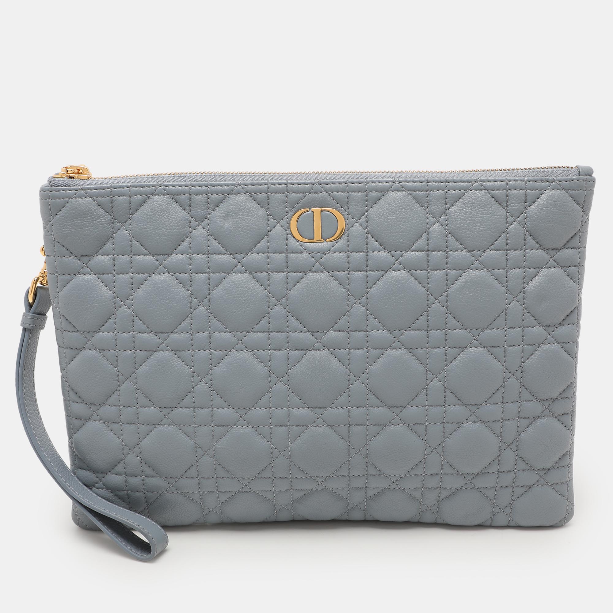 

Dior Dust Blue Quilted Leather Caro Wristlet Clutch