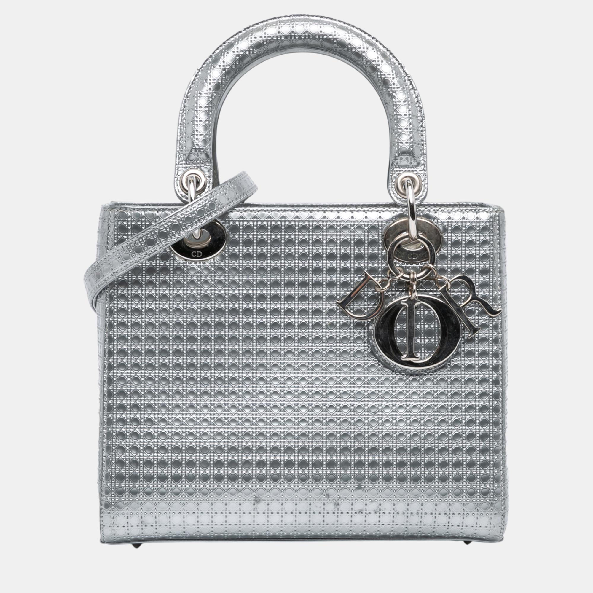 

Dior Silver Medium Patent Microcannage Lady Dior