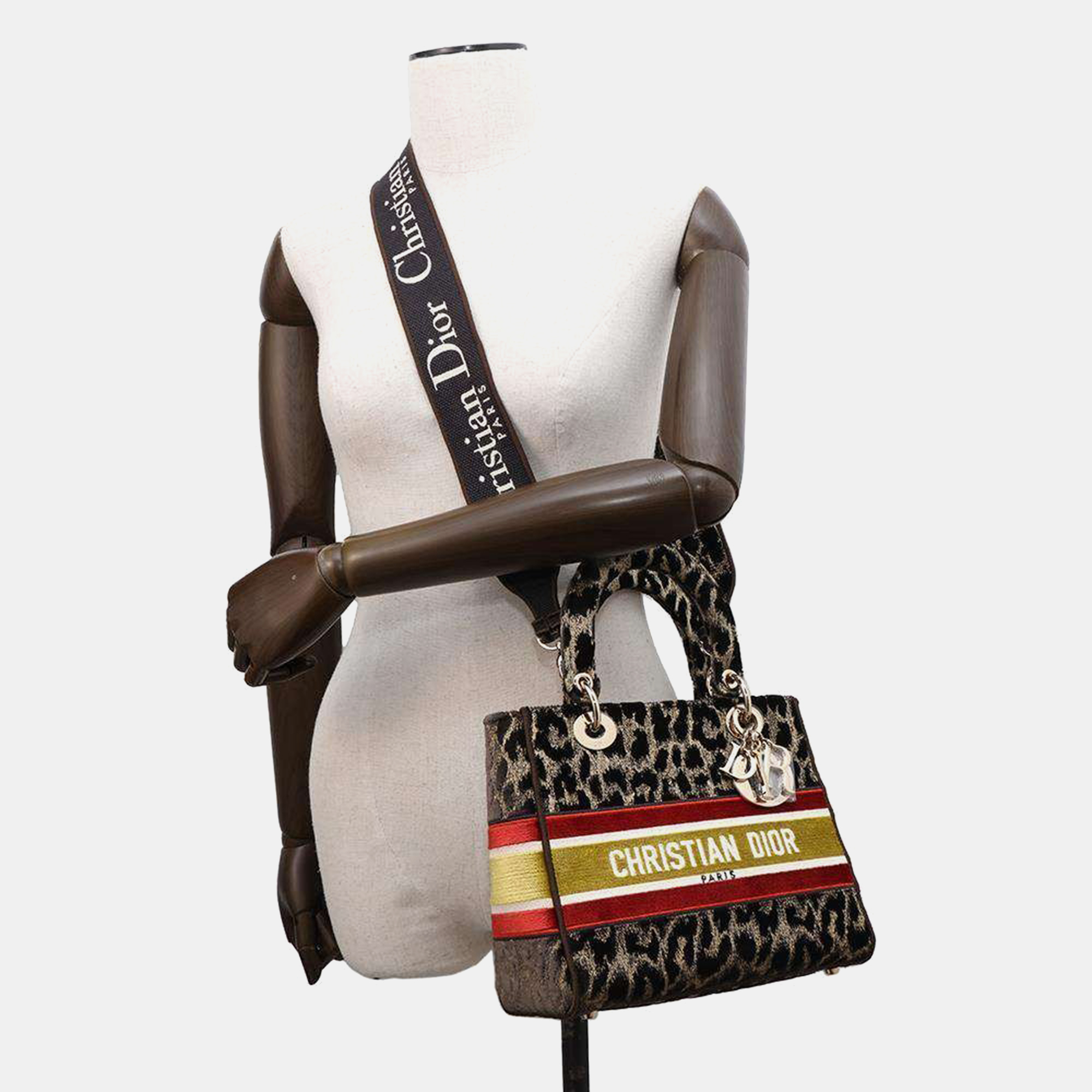 Dior Light Leopard Brown/Red/Yellow Velour Lady Dee bag Size Medium 