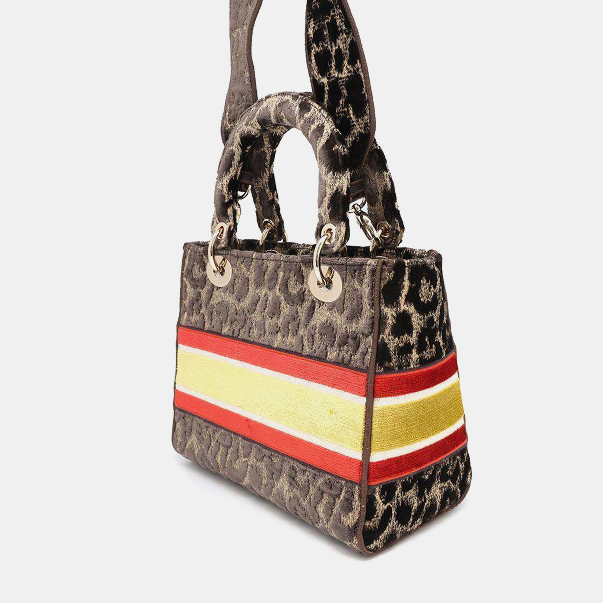 Dior Light Leopard Brown/Yellow/Red Velour Lady Dee bag Size Medium 