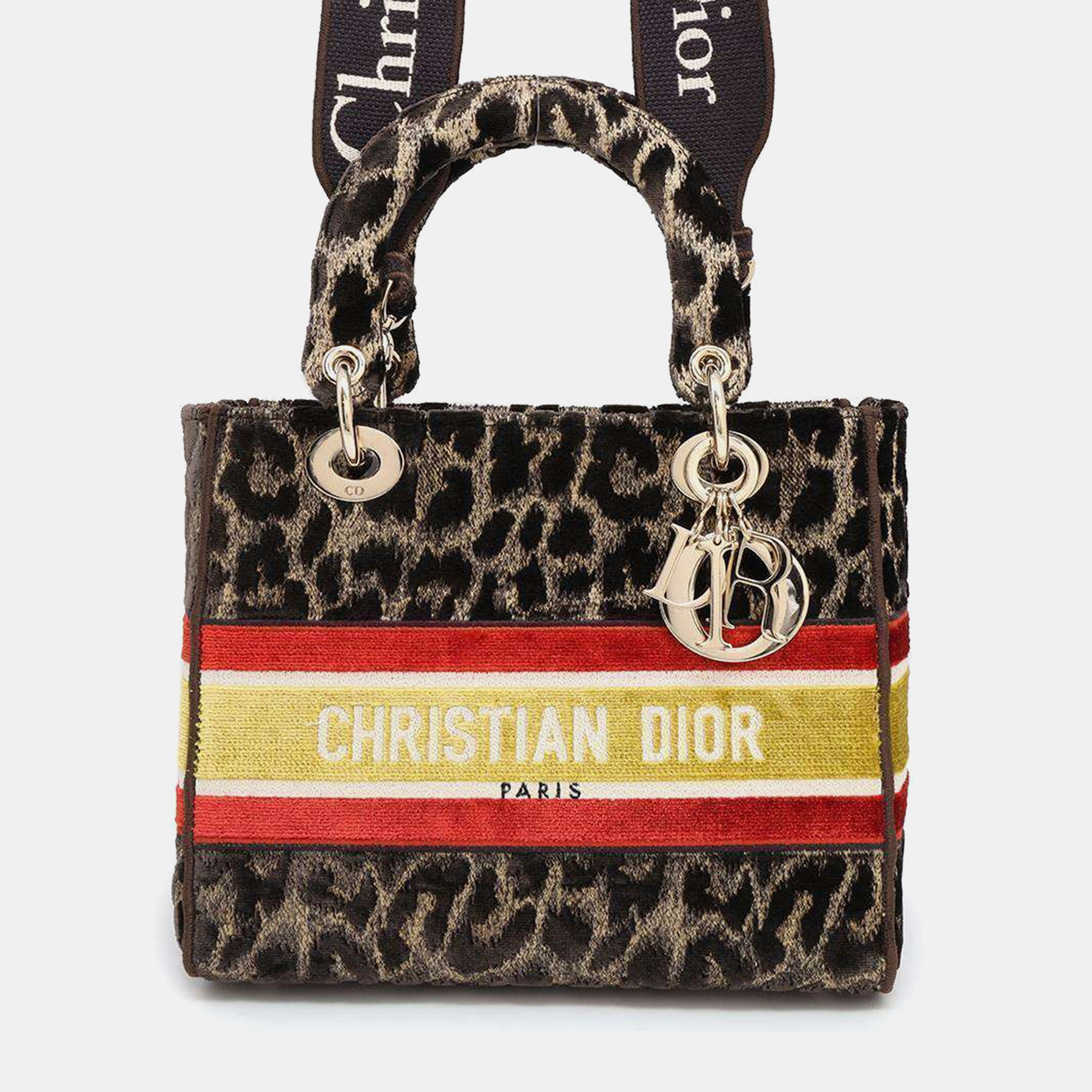 

Dior Light Leopard Brown/Yellow/Red Velour Lady Dee bag Size Medium, Multicolor