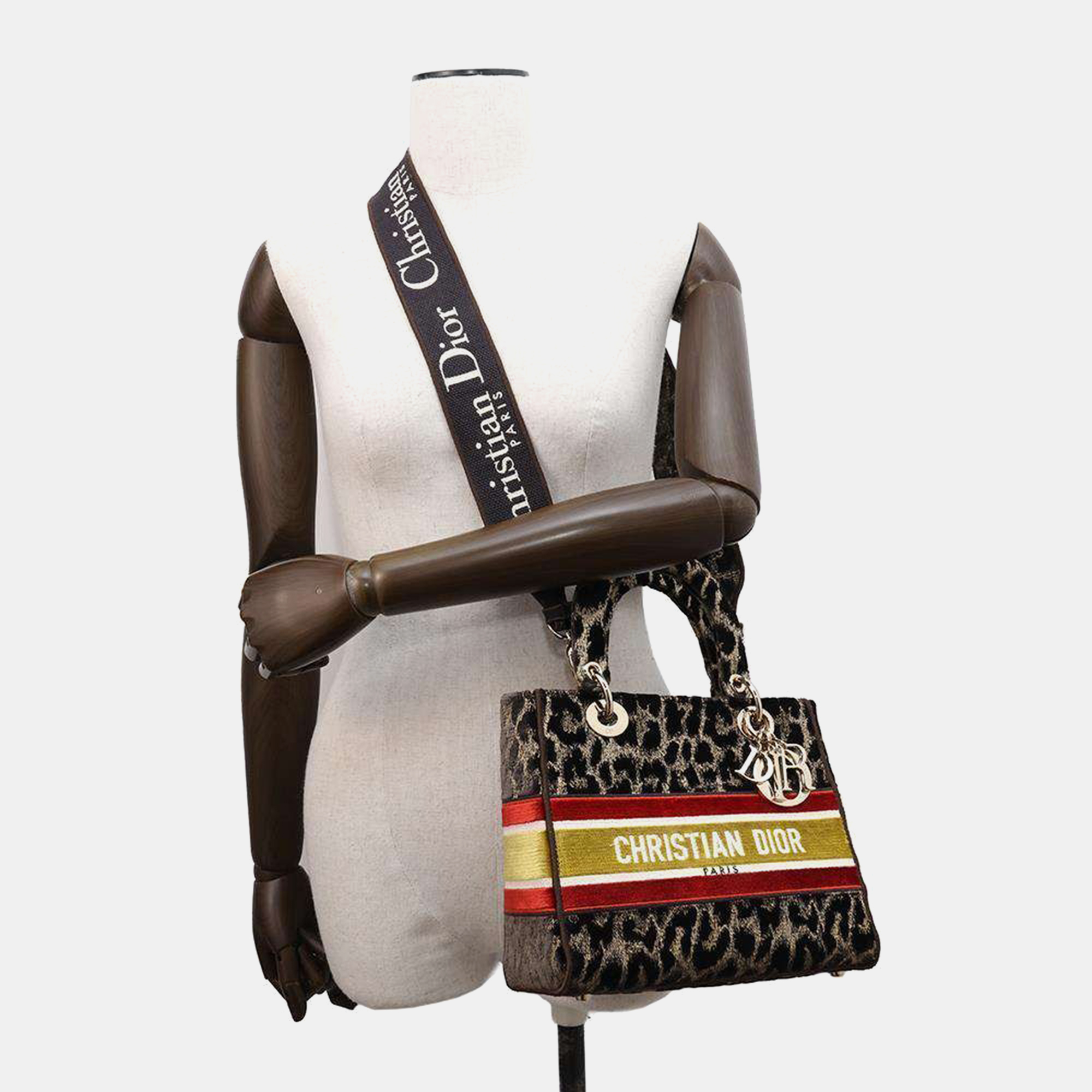 Dior Light Leopard Brown/Yellow/Red Velour Lady Dee bag Size Medium 