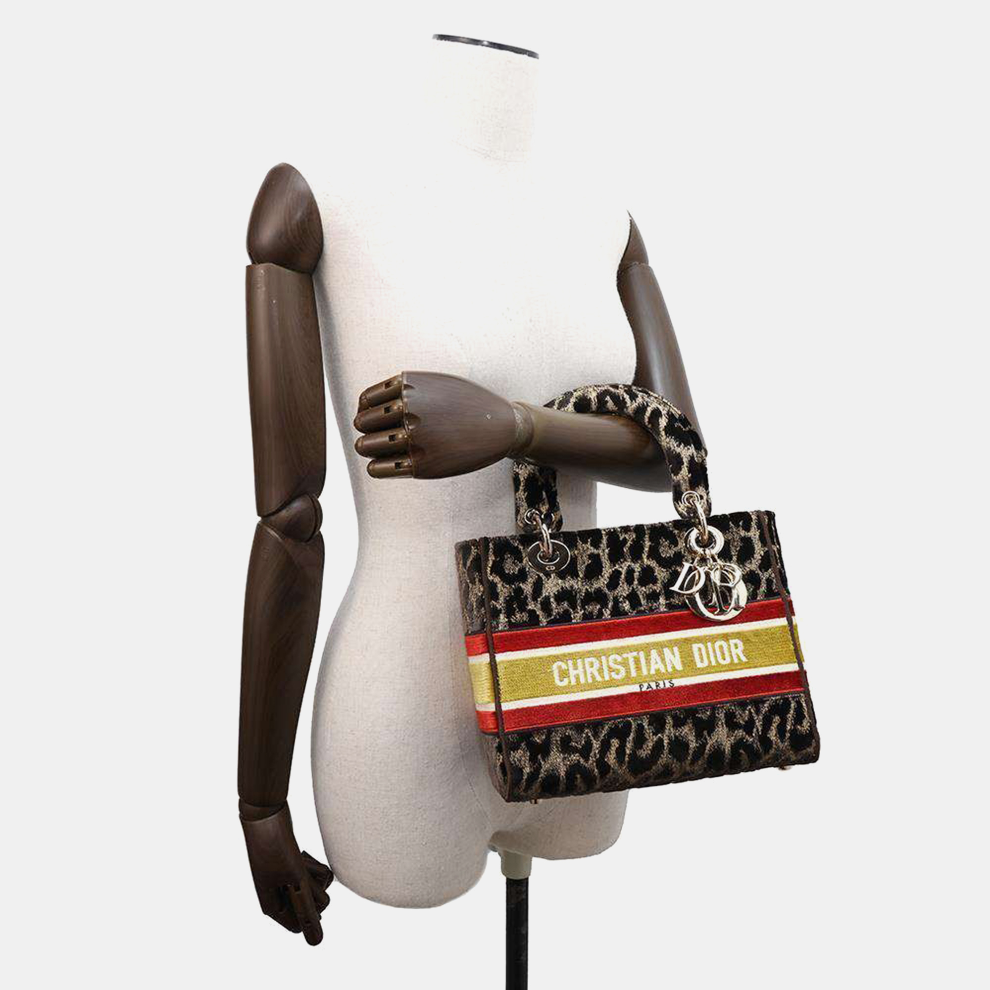 Dior Light Leopard Brown/Yellow/Red Velour Lady Dee bag Size Medium 