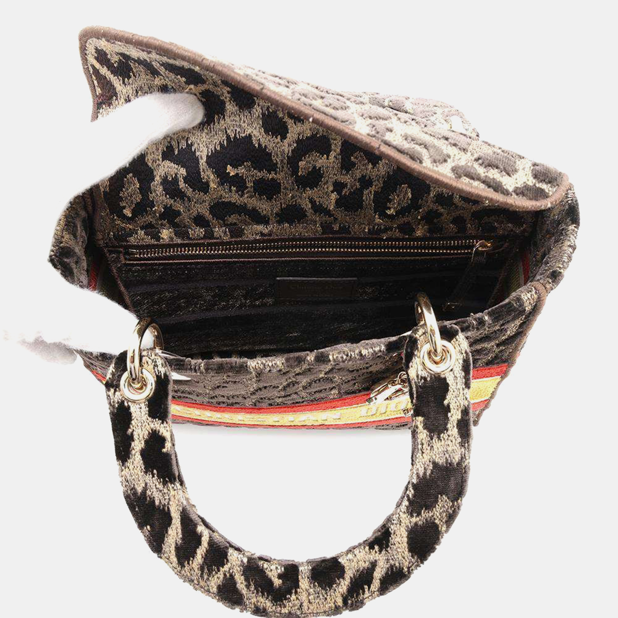 Dior Light Leopard Brown/Yellow/Red Velour Lady Dee bag Size Medium 