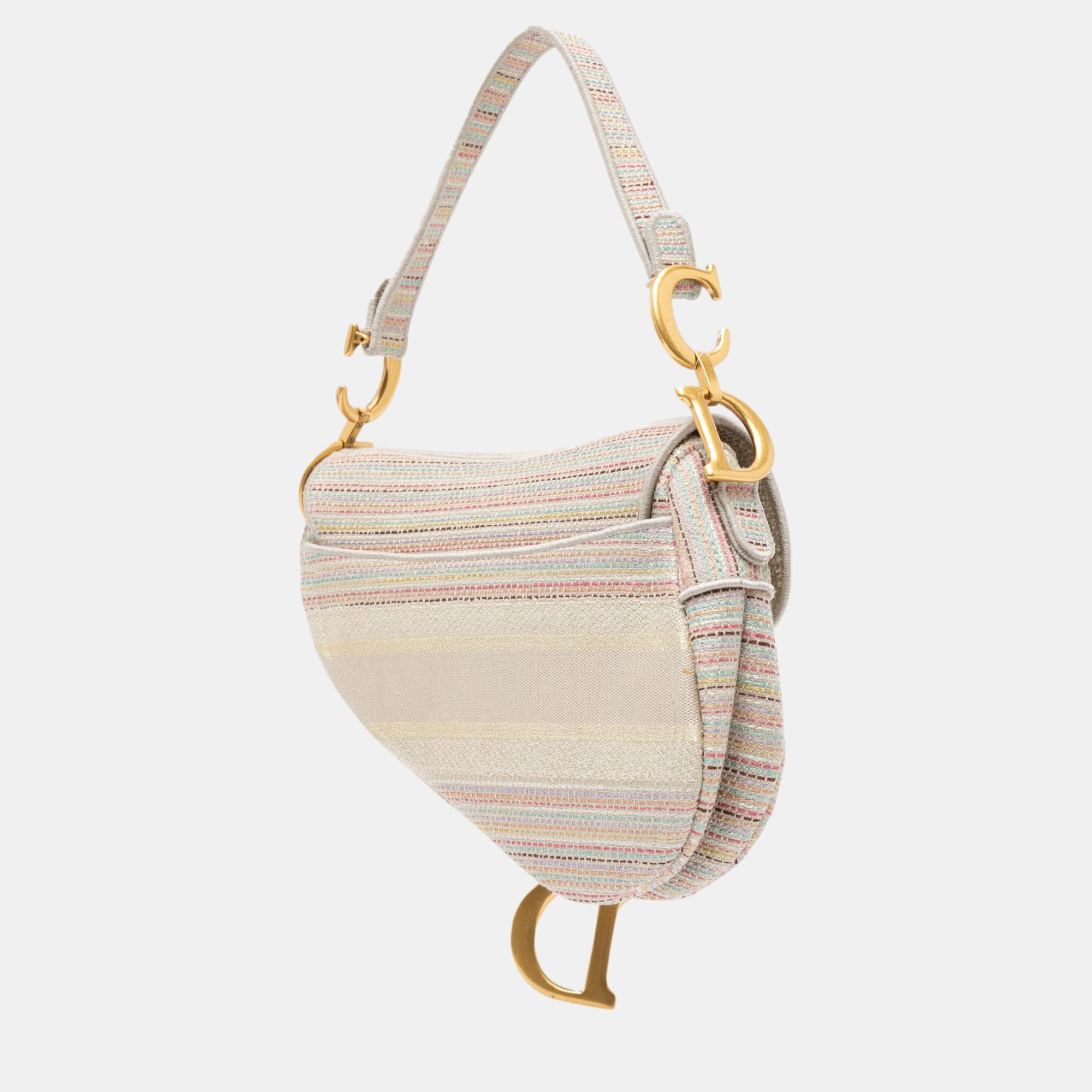 Dior Multicolor Embroidered Canvas Stripes Saddle Bag 