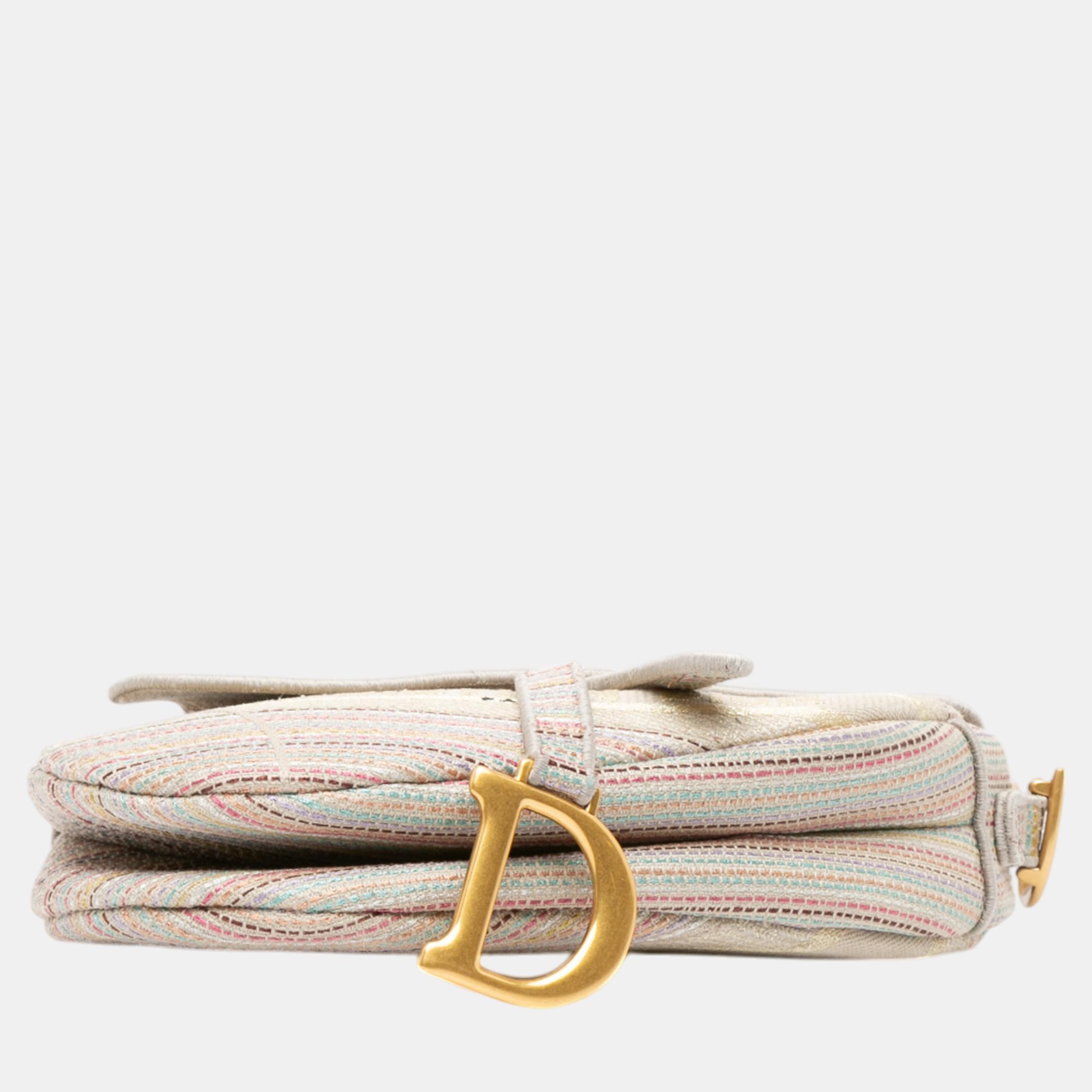 Dior Multicolor Embroidered Canvas Stripes Saddle Bag 