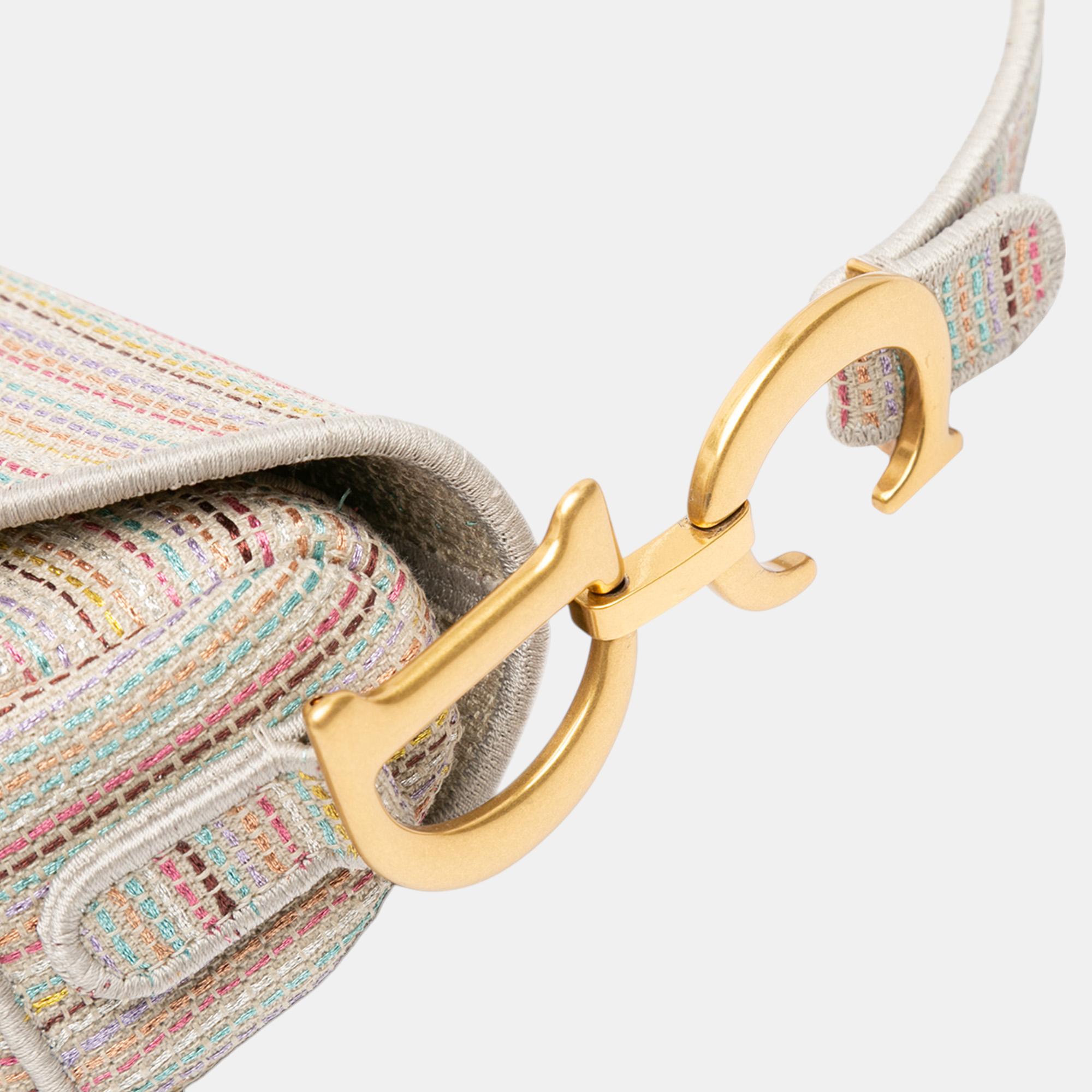 Dior Multicolor Embroidered Canvas Stripes Saddle Bag 