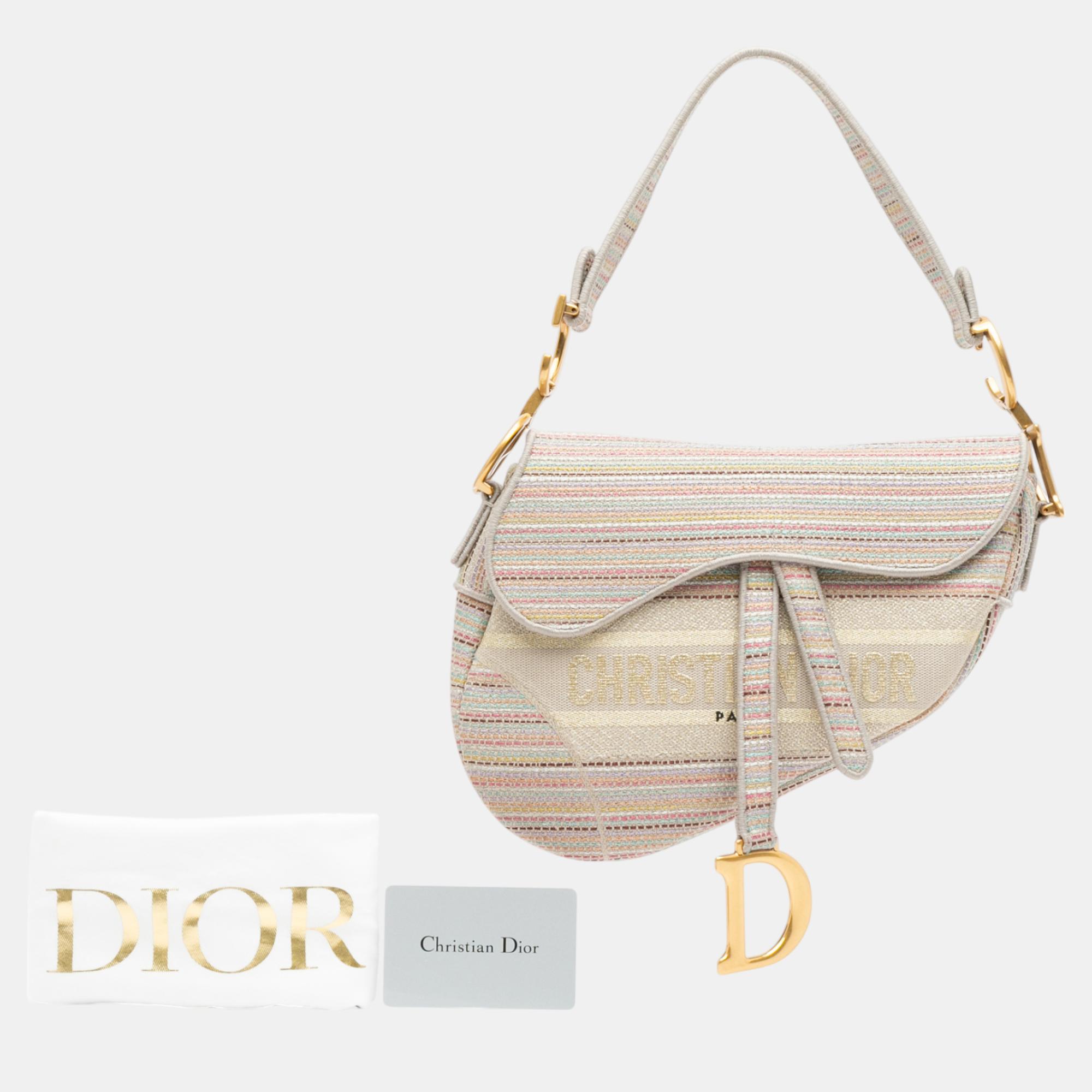 Dior Multicolor Embroidered Canvas Stripes Saddle Bag 