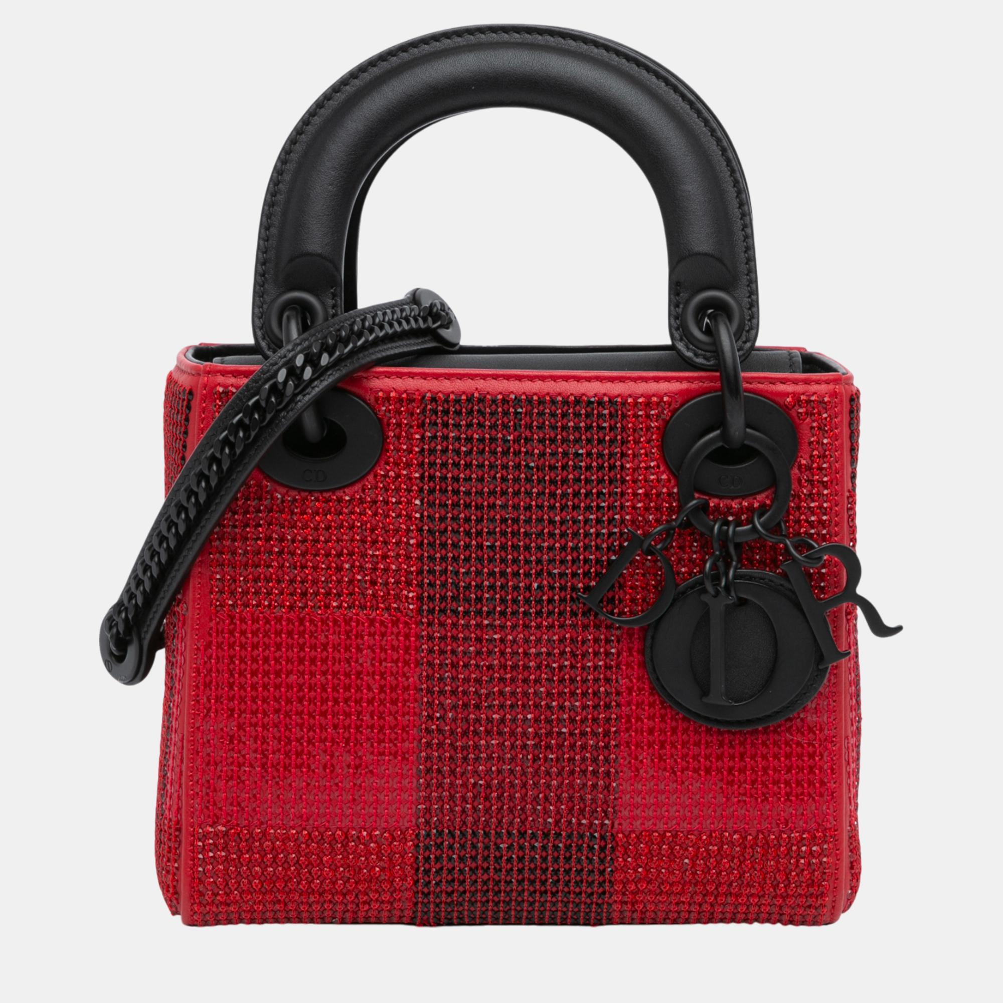 

Dior Red/Black Mini Calfskin Checkered Crystal Studded Lady Dior