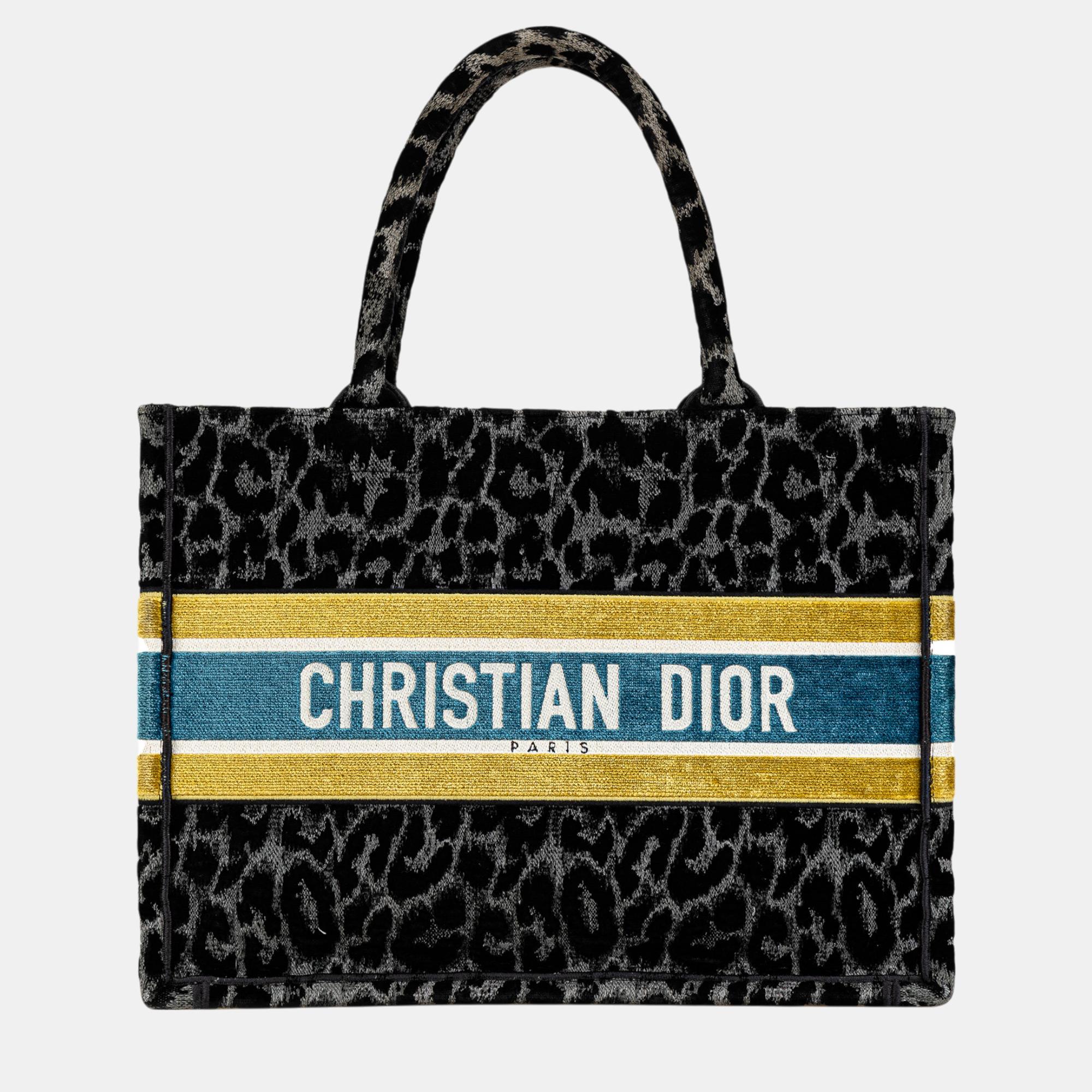 

Dior Black Medium Embroidered Canvas Leopard Mizza Book Tote