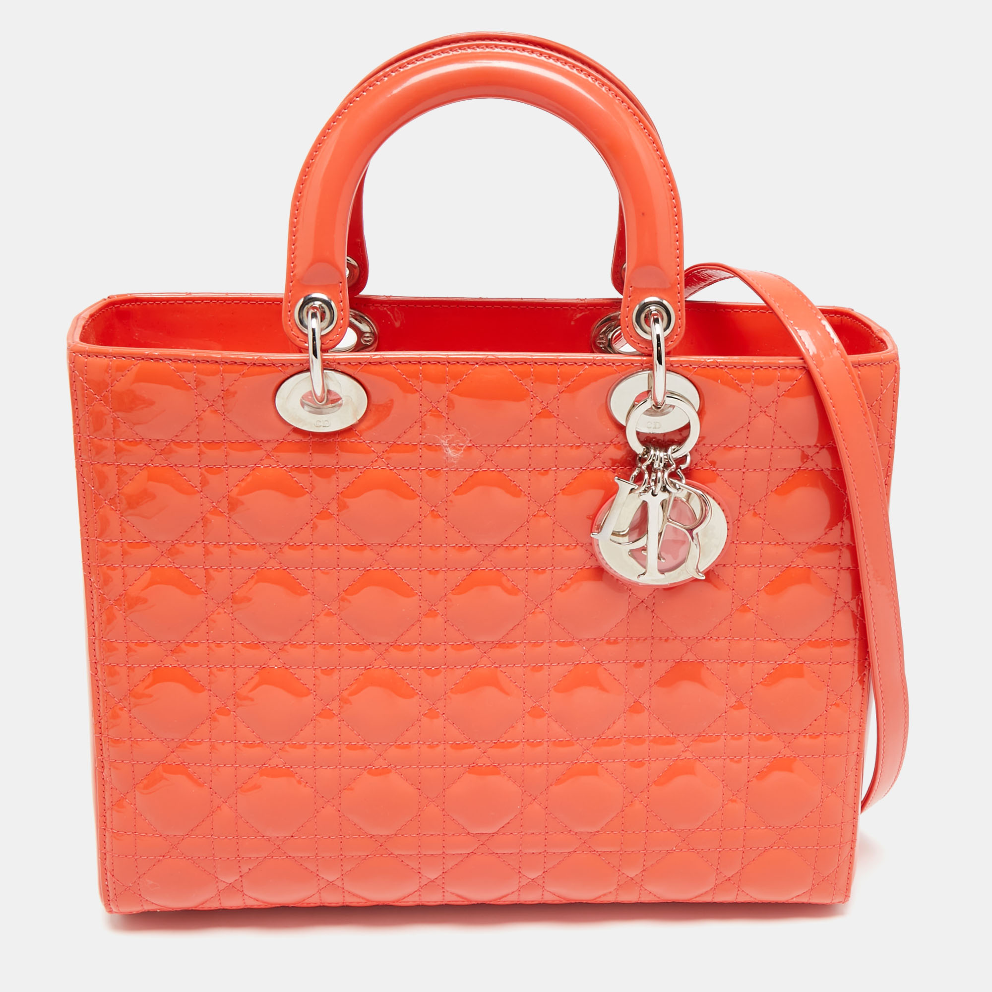 

Dior Orange Cannage Patent Leather Large Lady Dior Tote