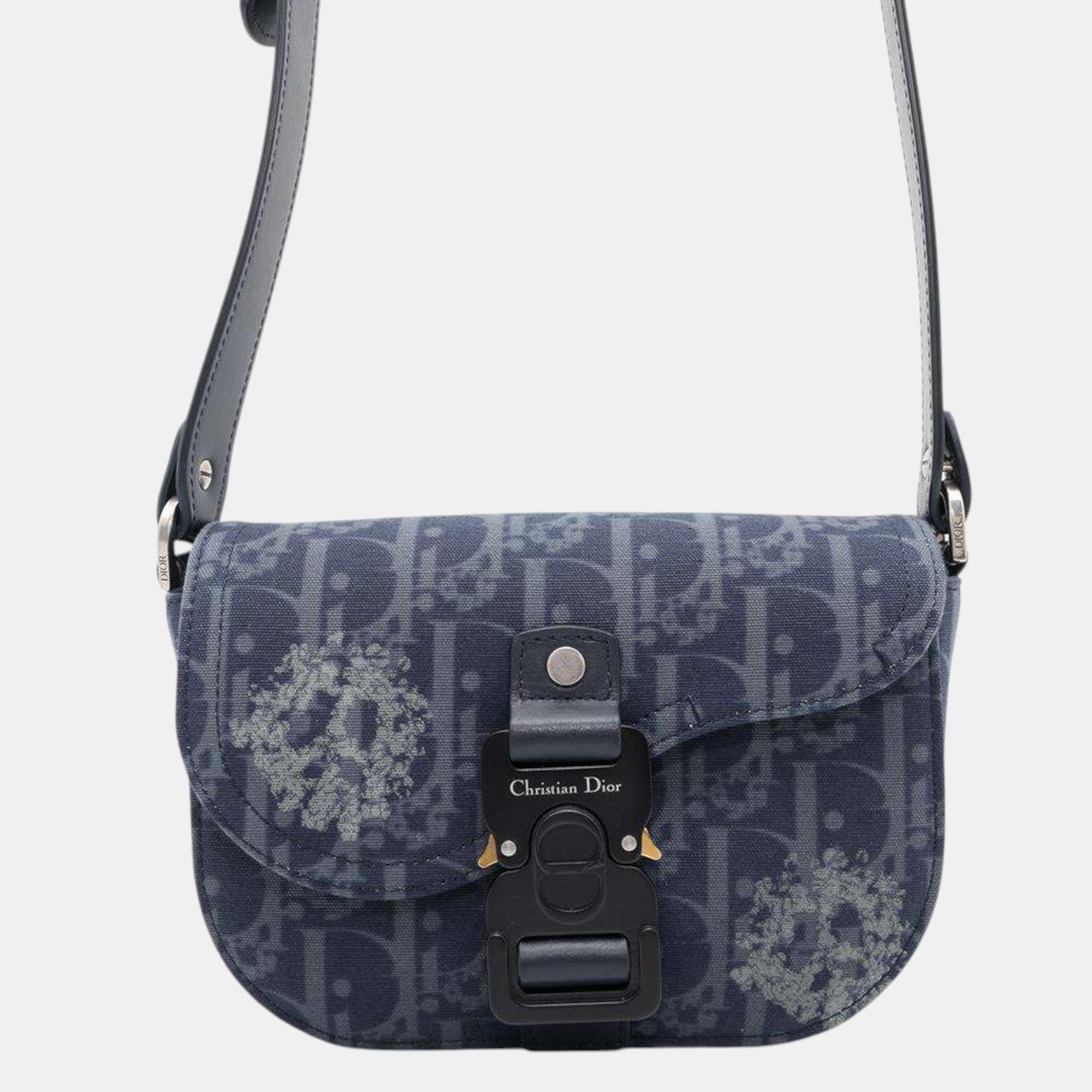 

Dior Navy Cotton Denim Leather Oblique Saddle Shoulder Bag, Navy blue