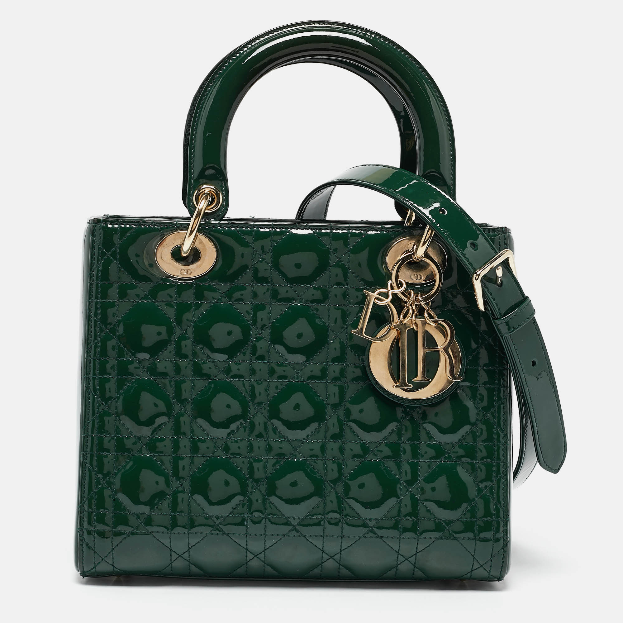 

Dior Green Cannage Patent Leather Medium Lady Dior Tote