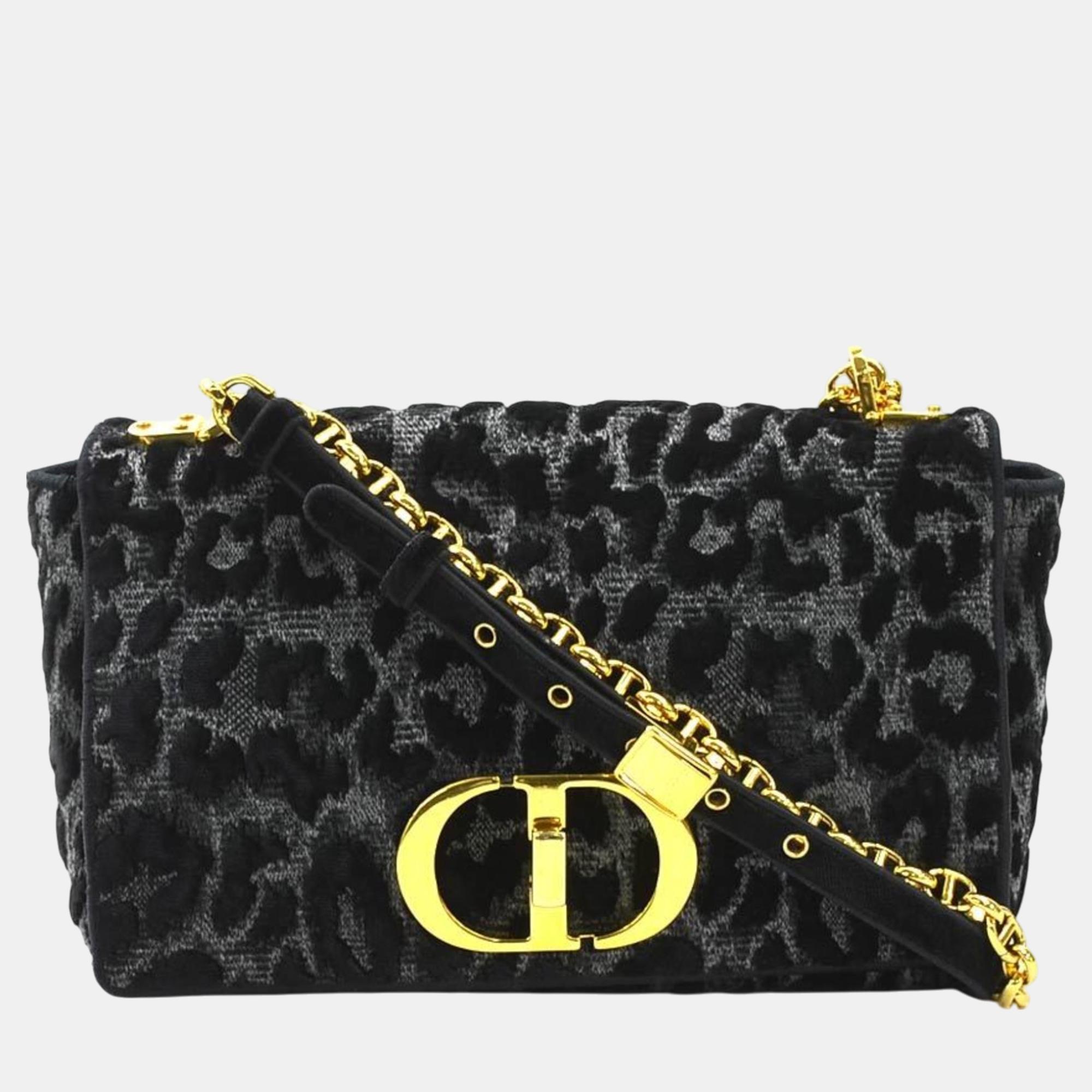 

Christian Dior Shoulder Bag Leopard Caro Velvet Canvas Gray Black Gold