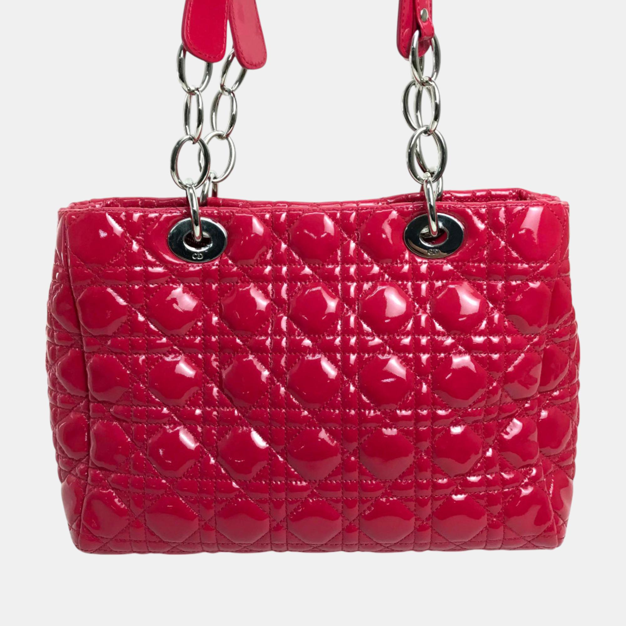 Christian Dior Cannage Soft Enamel Bag Chain shoulder Tote Bag Pink Based Silver 