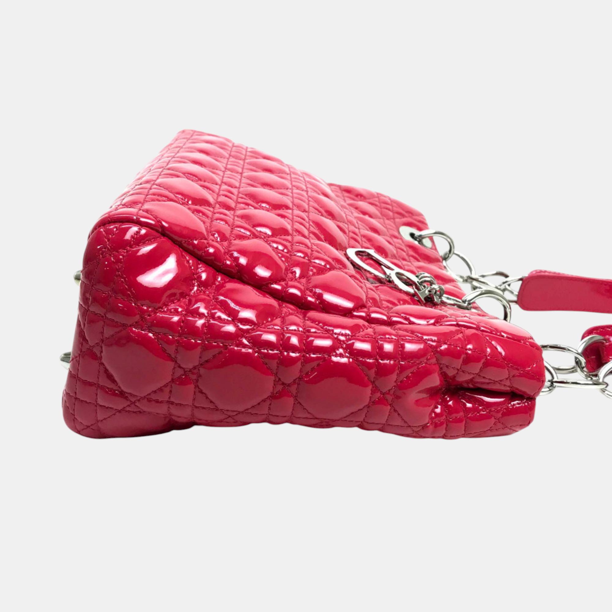 Christian Dior Cannage Soft Enamel Bag Chain shoulder Tote Bag Pink Based Silver 