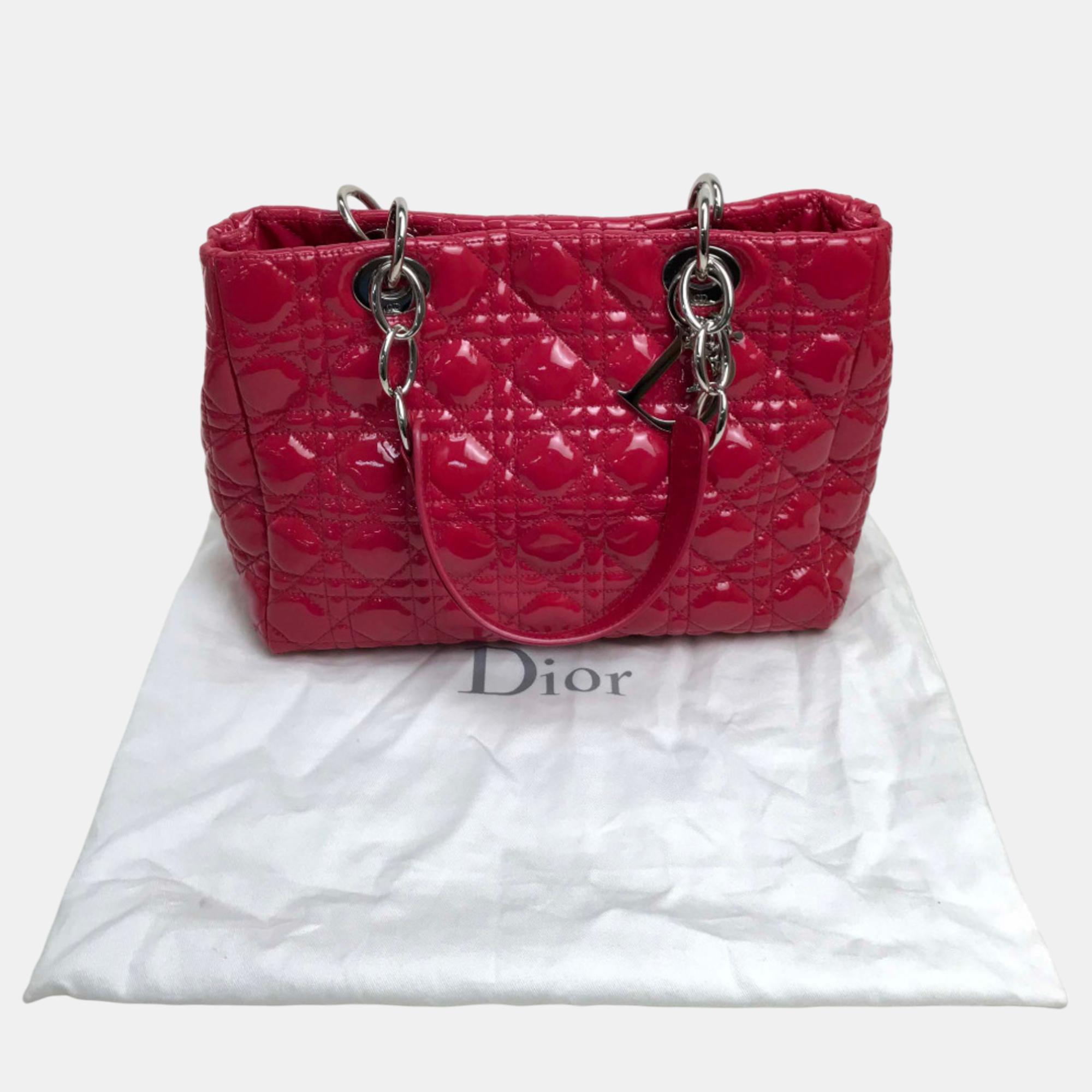 Christian Dior Cannage Soft Enamel Bag Chain shoulder Tote Bag Pink Based Silver 