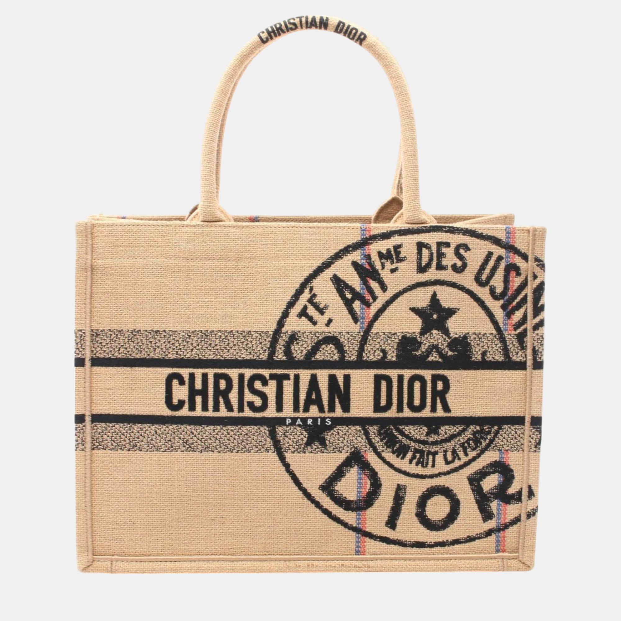 

Christian Dior Dior Bo Tote Book Tote Medium Bag Jute Canvas Beige Multicolor