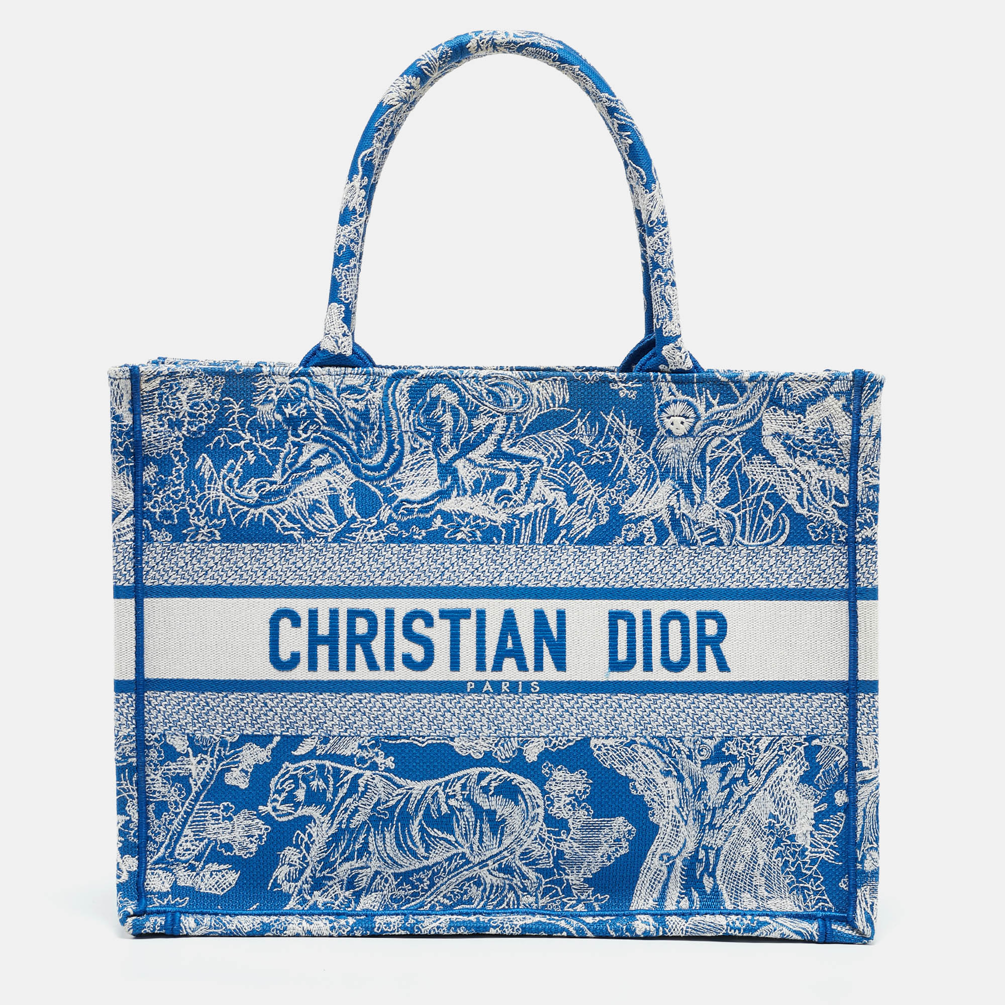 

Dior Blue/White Embroidered Toile de Jouy Canvas Medium Book Tote