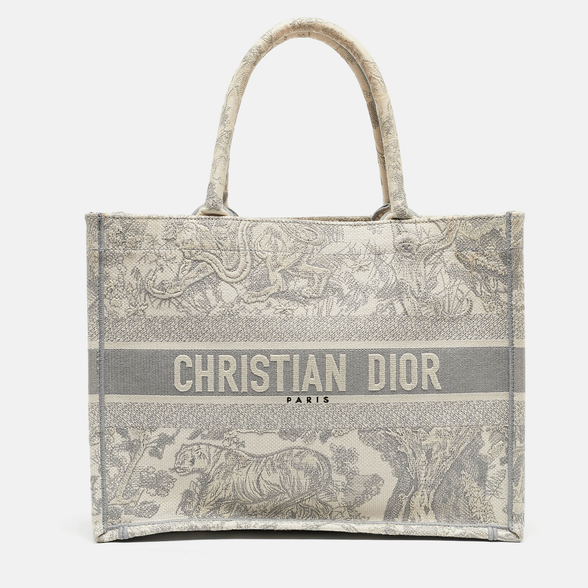 

Dior Grey/White Embroidered Toile de Jouy Canvas Medium Book Tote