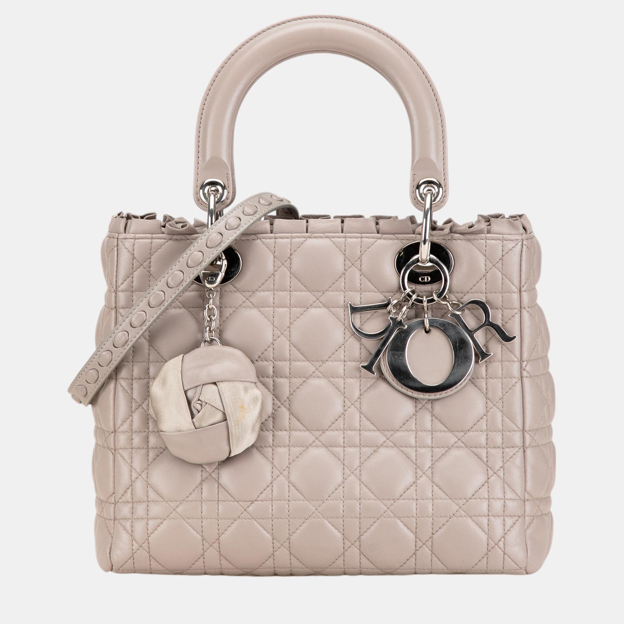 

Dior Beige Medium Lambskin Cannage Ruffle Trim Lady Dior