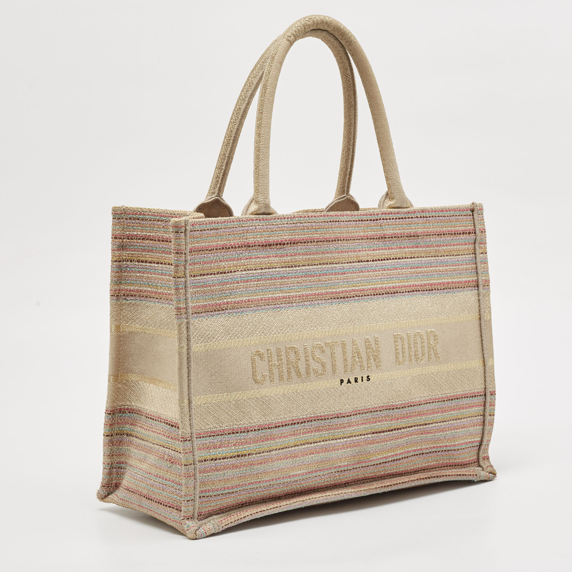 Dior Multicolor Embroidered Stripes Canvas Medium Book Tote 