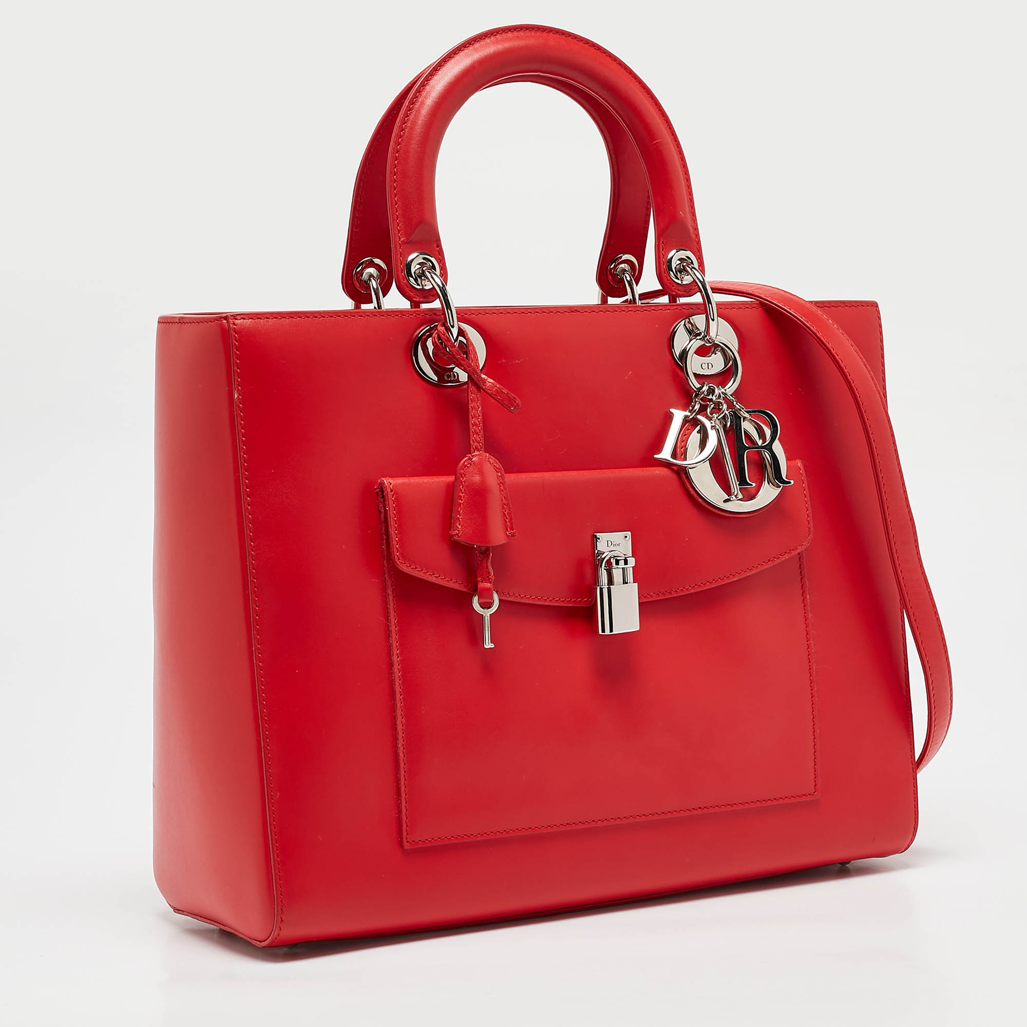 Dior Red Leather Large Lady Dior Pocket Tote 