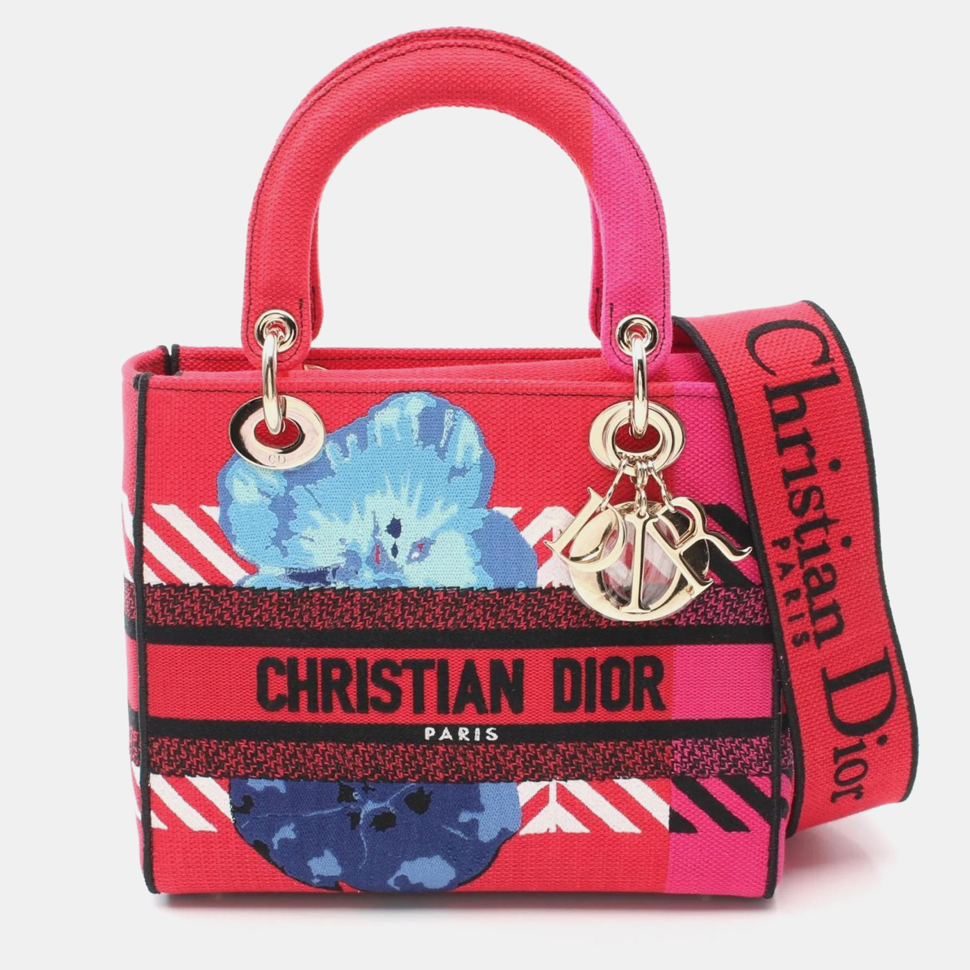Christian Dior Red Multicolor Canvas D-Flower Pop Lady D-Lite Bag 