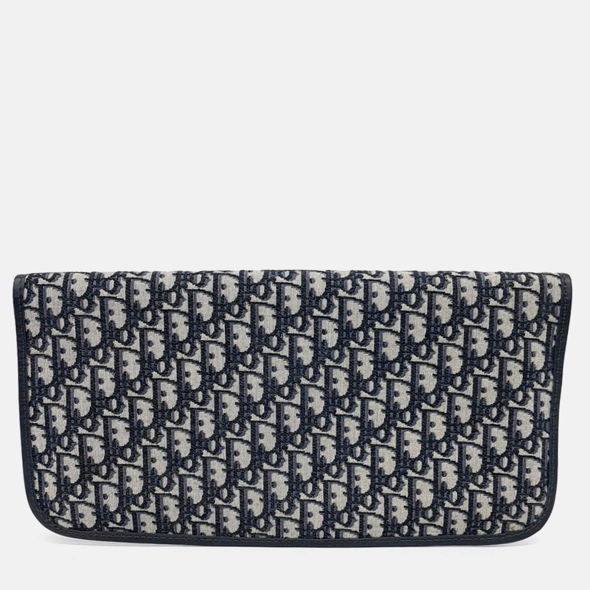 Dior Navy Blue Fabric Oblique Folding Clutch Bag 
