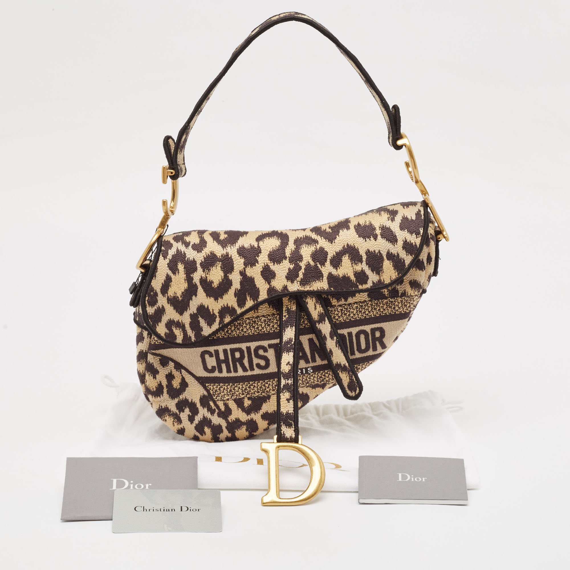 Dior Black/Cream Leopard Print Canvas Embroidered Saddle Bag 
