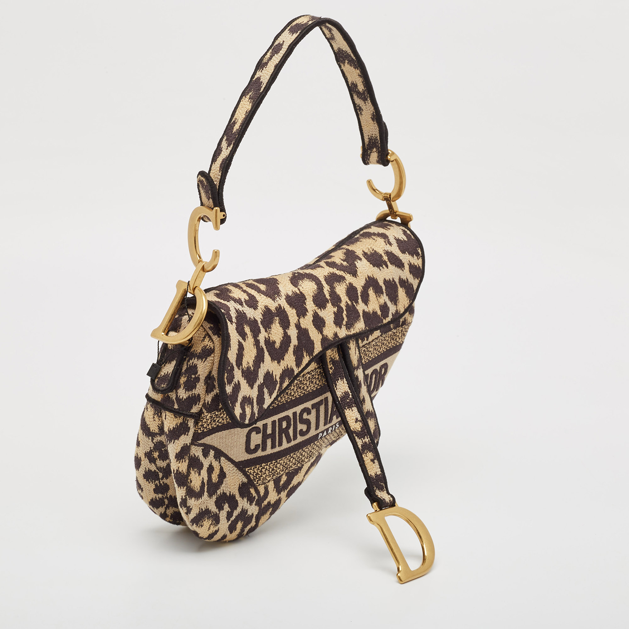 Dior Black/Cream Leopard Print Canvas Embroidered Saddle Bag 