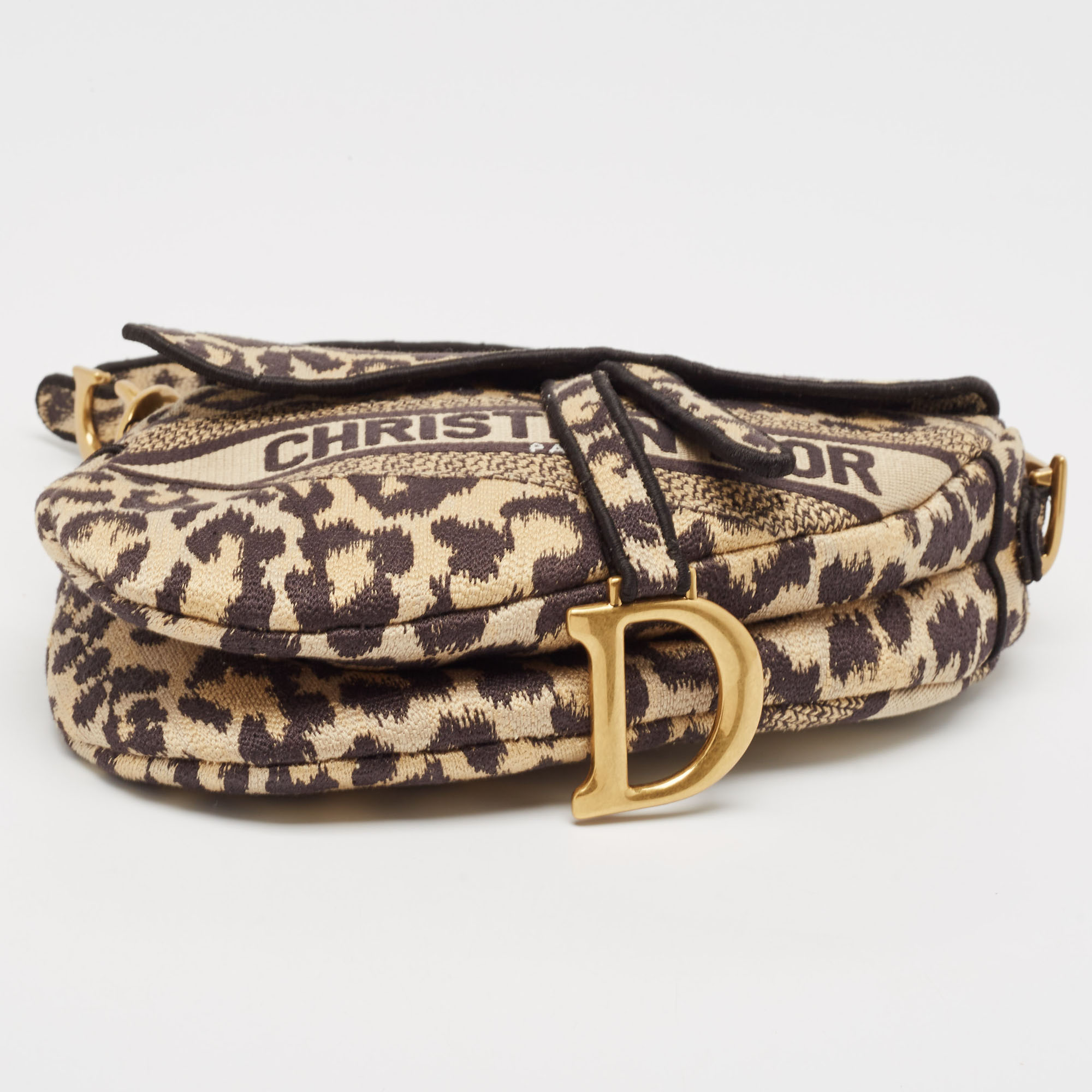 Dior Black/Cream Leopard Print Canvas Embroidered Saddle Bag 