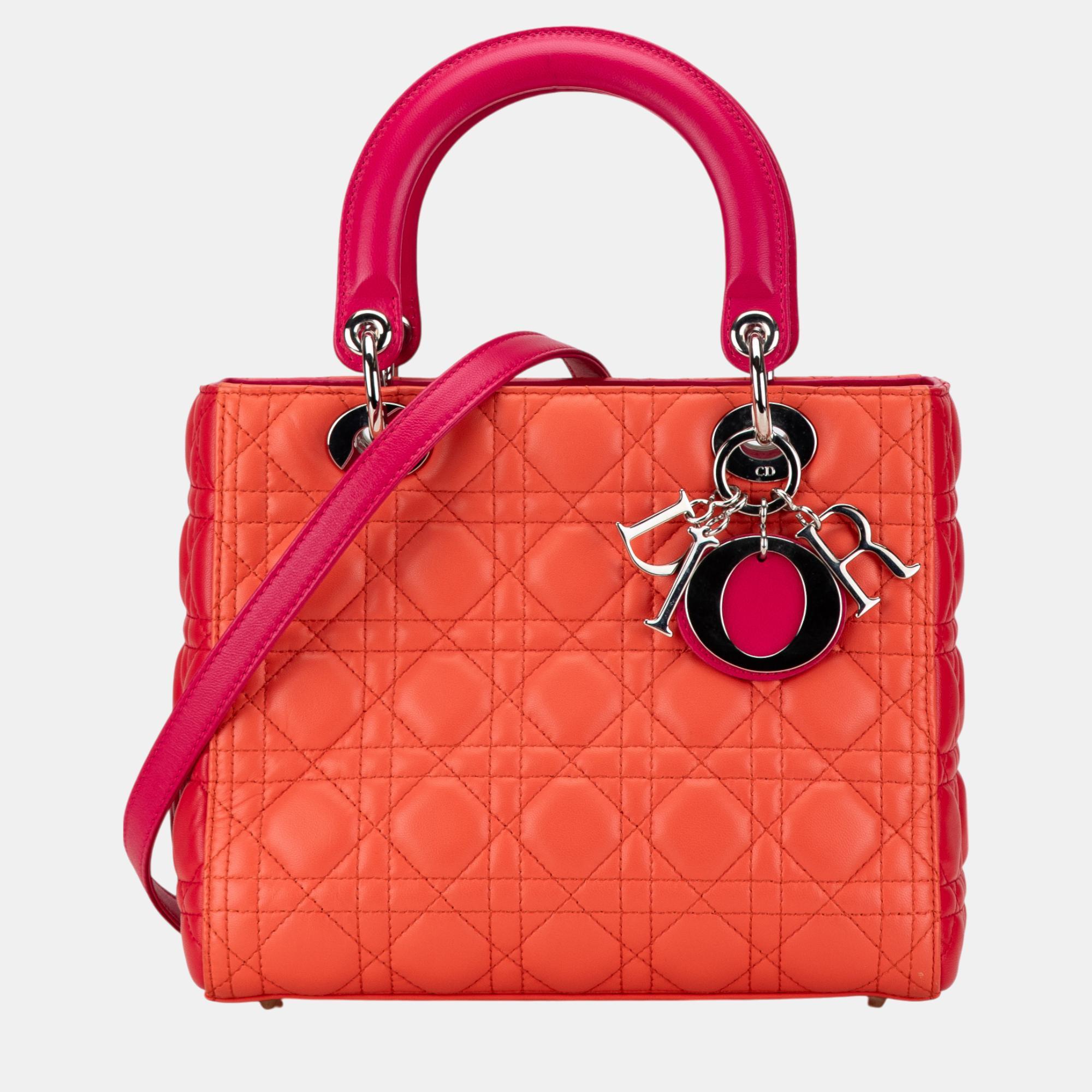 

Dior Orange Medium Bicolor Lambskin Cannage Lady Dior