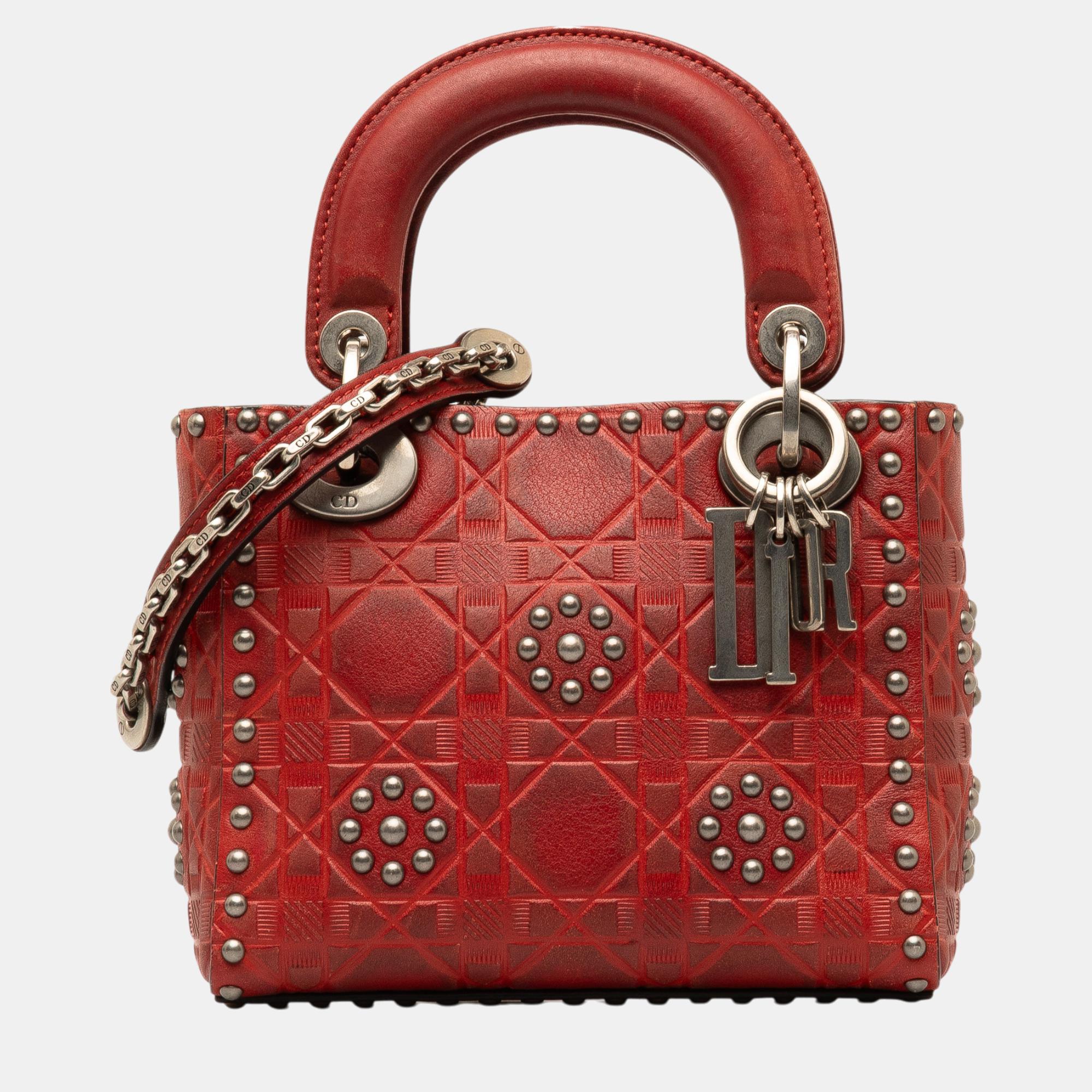 

Dior Red Mini Embossed Calfskin Cannage Studded Lady Dior