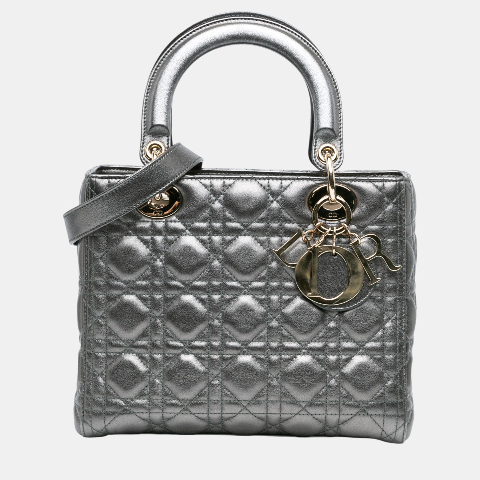 

Dior Silver Medium Metallic Calfskin Cannage Lady Dior