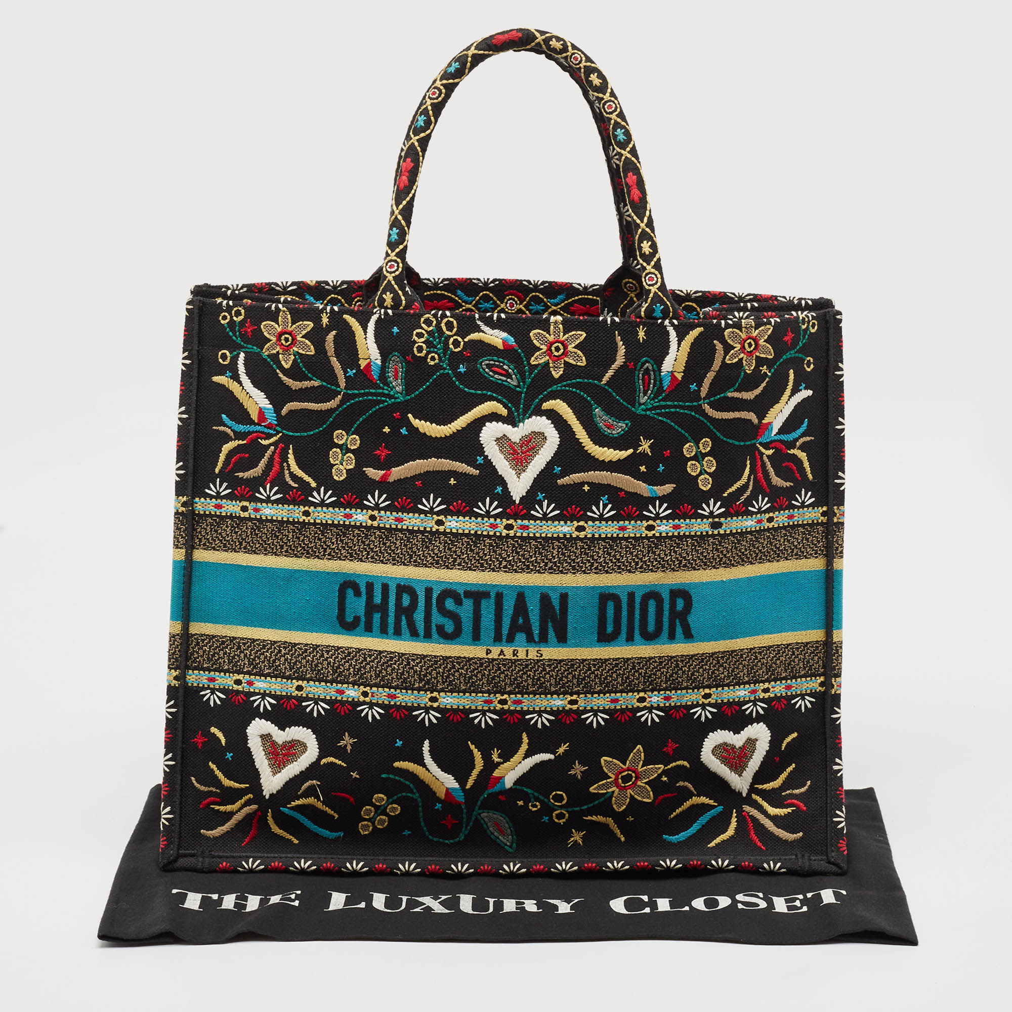 Dior Multicolor Embroidered Canvas Large Flowers Heart Book Tote 
