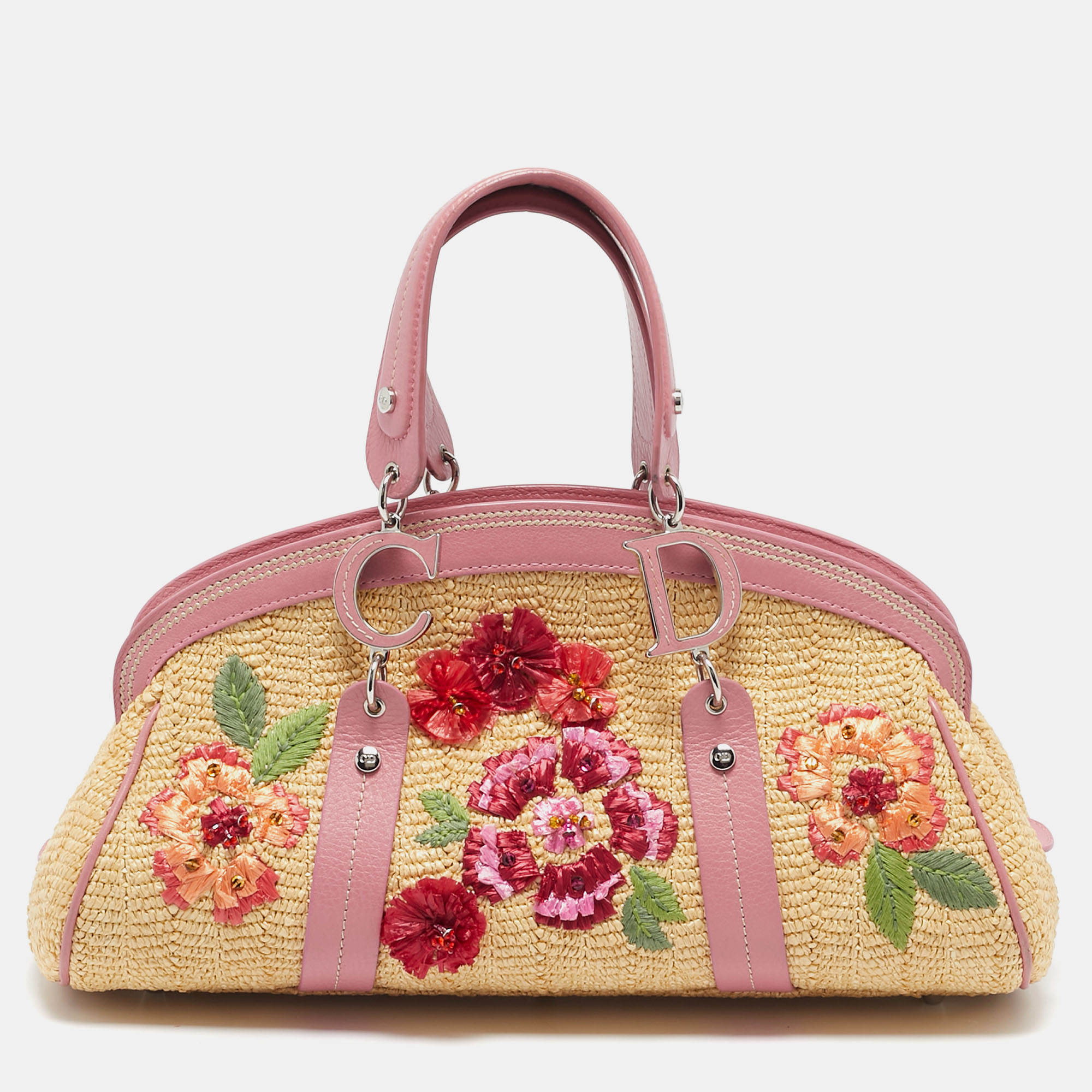 

Dior Pink/Cream Leather and Raffia Limited Edition 0405 Floral Detective Satchel