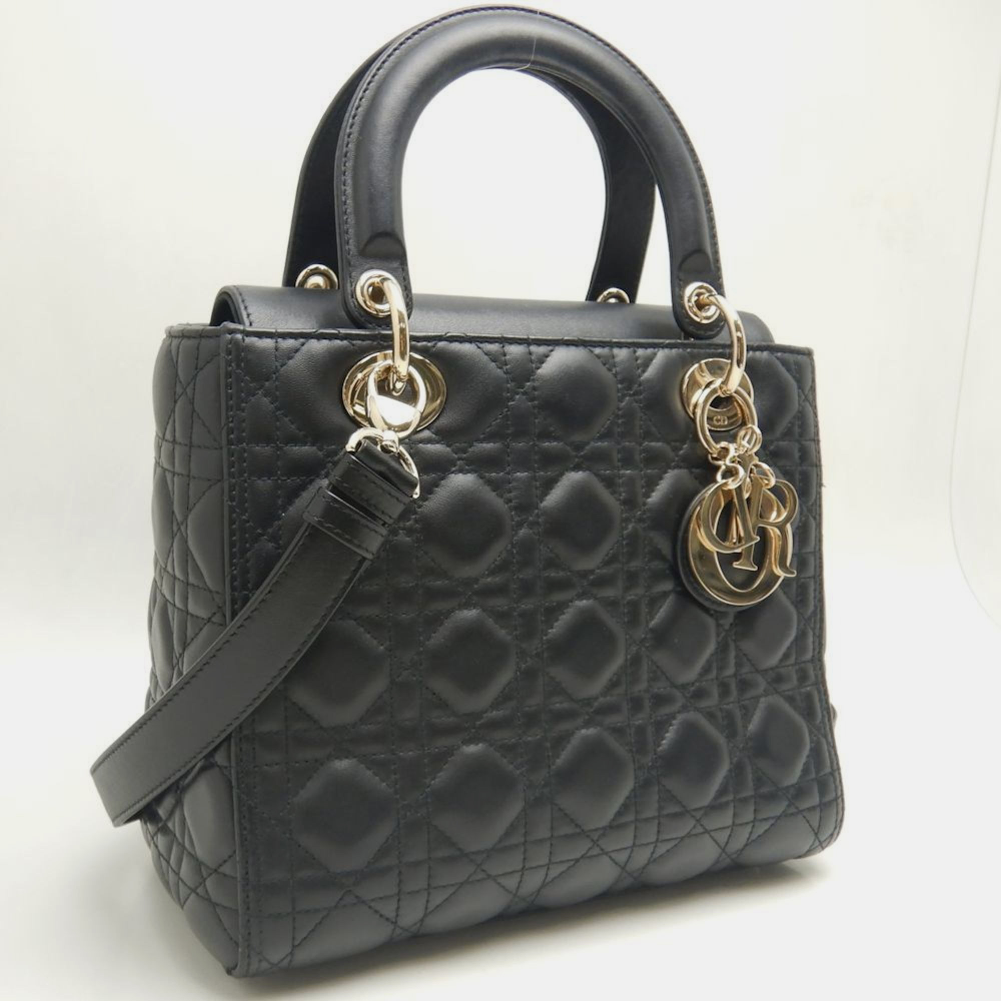 Dior Black Lambskin Leather Medium Lady Dior Tote Bag 
