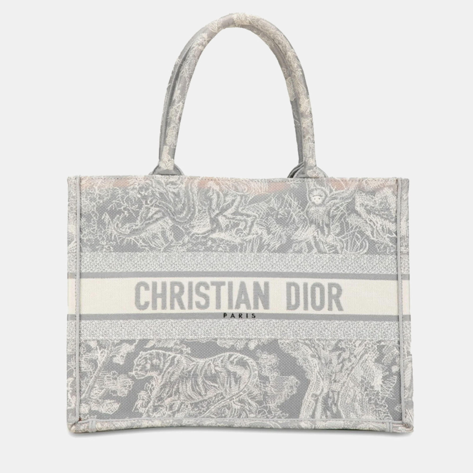 

Dior Book Tote Medium Embroidery Handbag Bag Grey Canvas