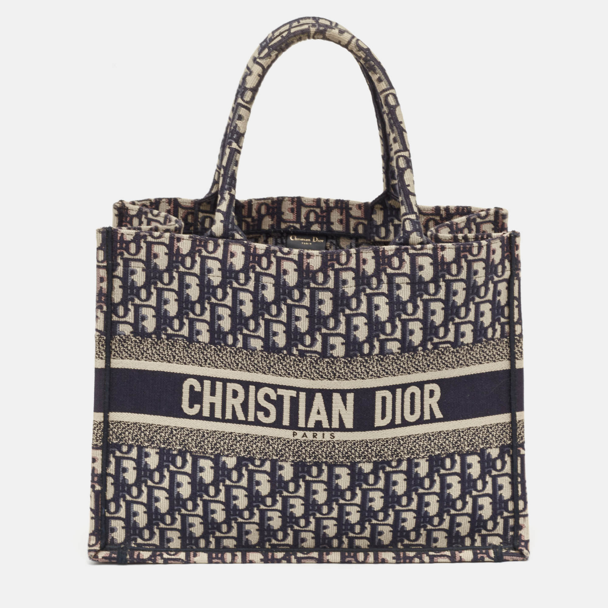 

Dior Navy Blue Oblique Embroidered Canvas Medium Book Tote